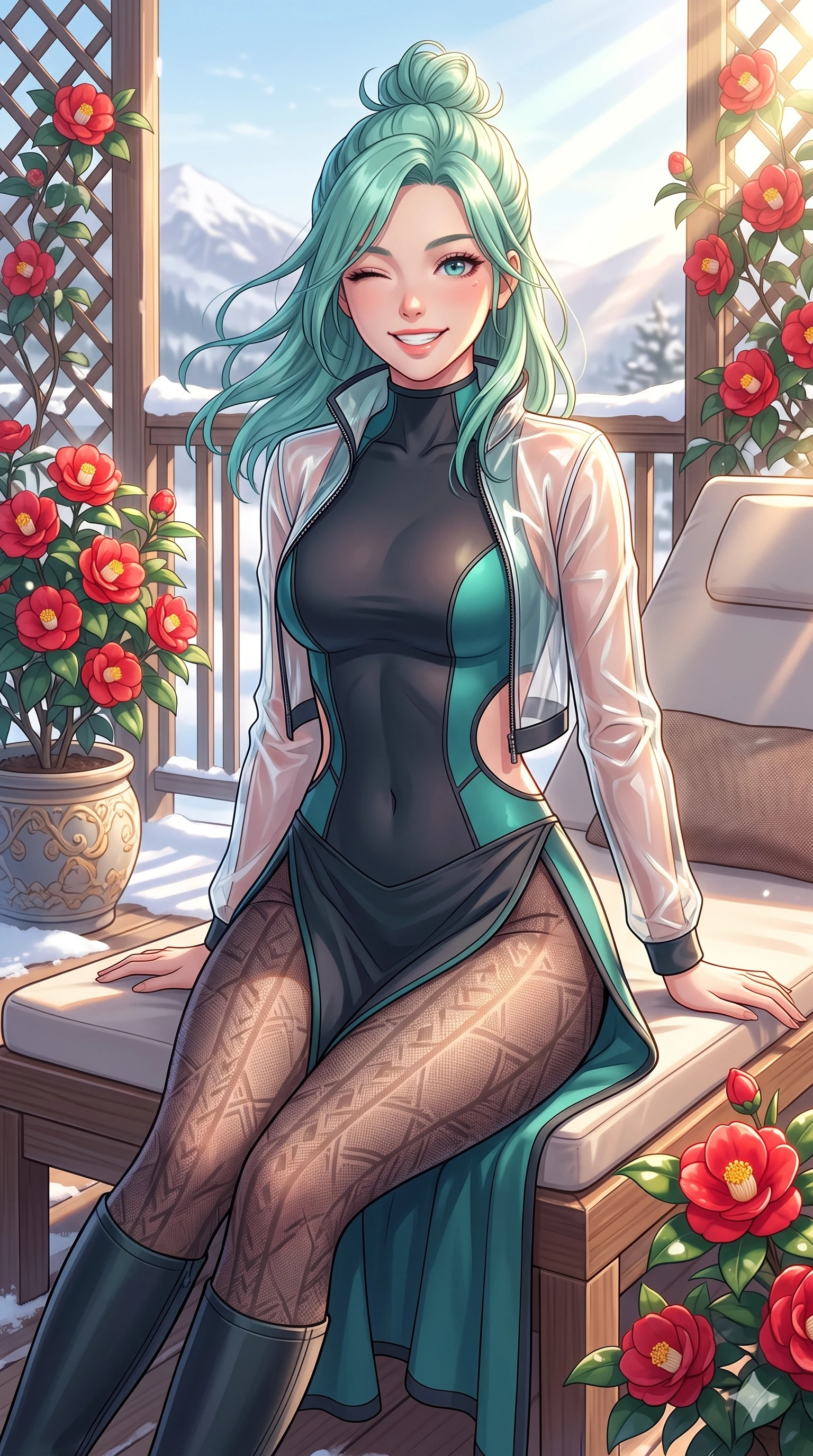 score_9, masterpiece, best quality, ultra-detailed, high-budget anime keyframe, vibrant anime aesthetic, Japanese woman. cowboy shot from the thighs up, character and outfit filling the frame for maximum presence. She is sitting in a sunlit lounge, winking with a cheerful and lively expression in winter on a private terrace decorated with red camellias (Code-P21-071). She has an absolutely perfect 8-heads proportion, an exceptionally tall and slender female figure with impossibly long slender legs and an ultra-slim waist. V-shaped jawline, high-bridge nose, intricate jewel-like eyes with depth, thick eyelashes, glossy lips with a natural sheen. wearing a neoprene bodysuit with side cut-outs and high-slit wrap in winter snow. She is lit from the side by bright winter sun rays, tracing the contours of her body in the morning. 2k, ultra detail, master piece, 9:16 ratio