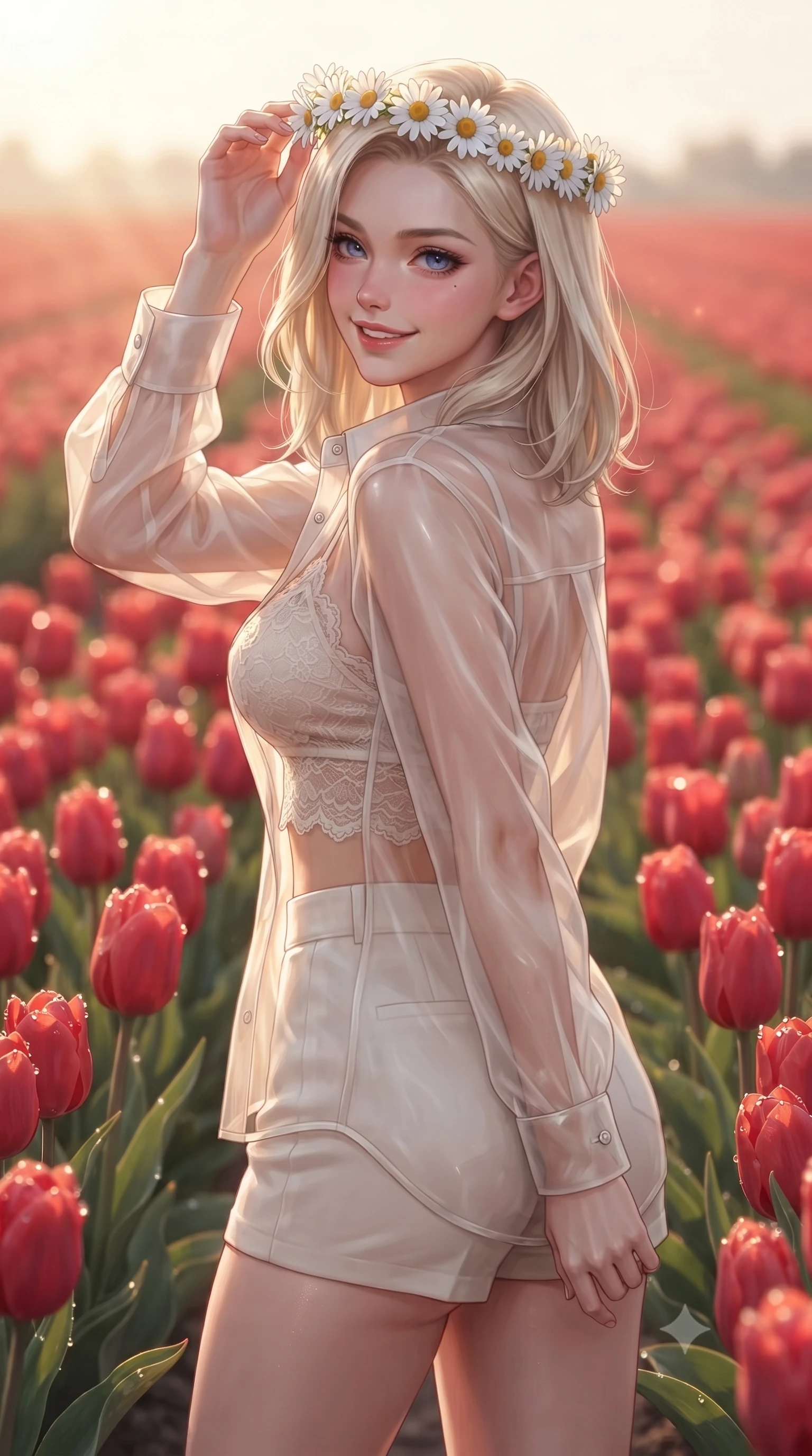 score_9, masterpiece, best quality, ultra-detailed, high-budget anime keyframe, editorial fashion photography, tasteful artistic composition, Caucasian woman. close-up cowboy shot from the waist and thighs up, the character dominates the composition, filling the frame with her large presence, background elements kept in soft focus. smiling with a playful and cute half-smile, glancing sidelong over her shoulder set against a soft-focus background of in a bright field of red tulips stretching to the horizon holding a delicate crown of daisies on her head, smiling cutely. She has an exceptionally elegant, slender, and willowy female figure with an ultra-slim waist, a gracefully sculpted slender torso, and a refined silhouette. sharp v-shaped jawline, high-bridge nose, intricate jewel-like eyes with depth, thick eyelashes, glossy lips with a natural sheen. wearing form-contouring sheer organza button-up shirt worn over a lace-accented crop top and high-waist mini shorts. warm morning sunbeams creating fresh dewdrop glints on the flower petals. ultra-reflective glossy finish, specular highlights, metallic sheen, high-contrast stereoscopic depth, volumetric dynamic lighting, 2k, ultra detail, master piece, 9:16 ratio