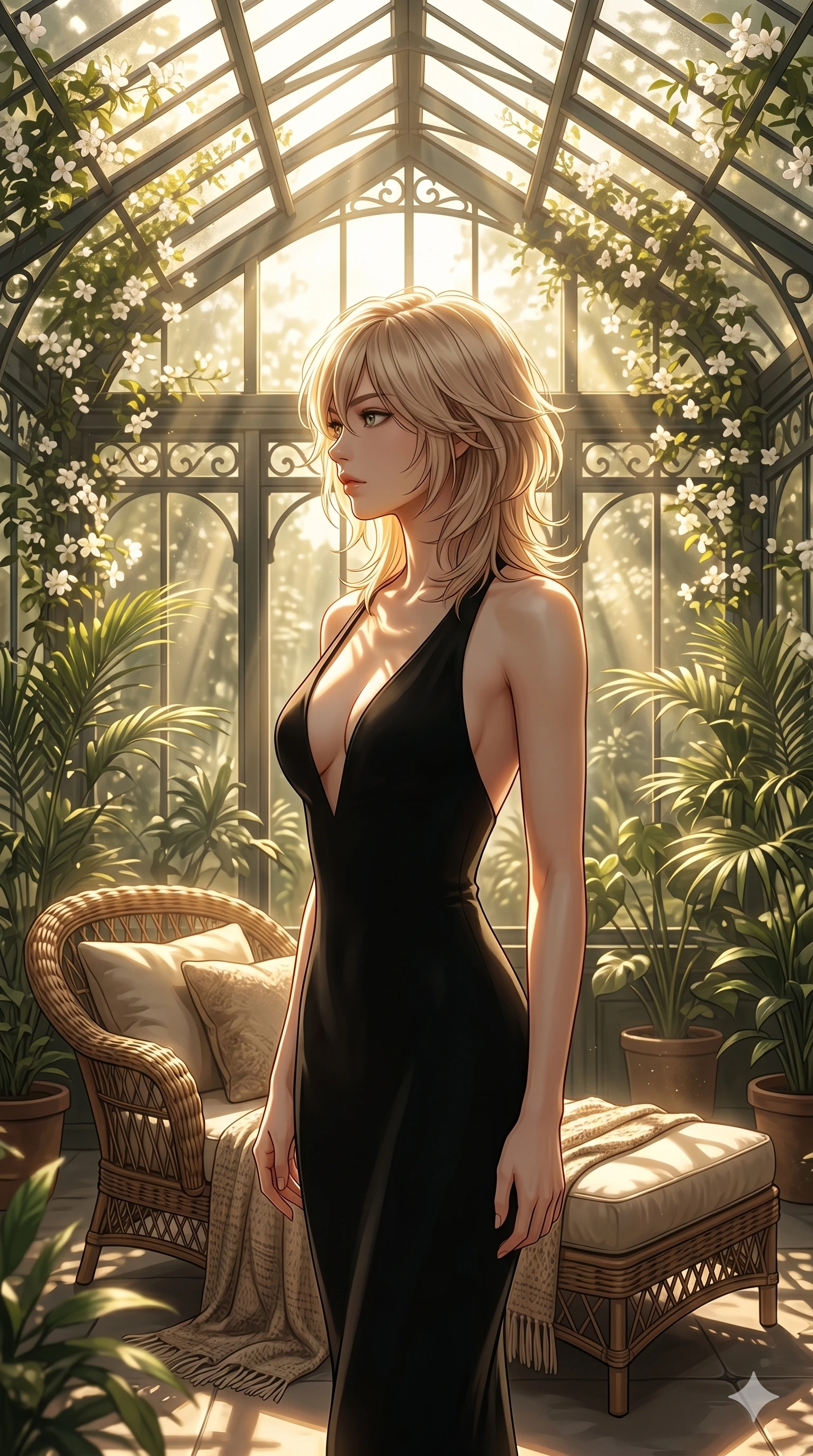 score_9, masterpiece, best quality, ultra-detailed, high-budget anime keyframe, editorial fashion photography, tasteful artistic composition, Japanese woman. cowboy shot from the thighs up, character and outfit filling the frame for maximum editorial presence. posing with quiet magnetic self-assurance, her face turned in a sharp profile against the golden light inside a sun-drenched greenhouse conservatory with climbing white jasmines and wicker chaise lounge (Code-P056). She has an absolutely perfect 8-heads proportion, an exceptionally tall and slender female figure with impossibly long slender legs and an ultra-slim waist. V-shaped jawline, high-bridge nose, intricate jewel-like eyes with depth, thick eyelashes, glossy lips with a natural sheen. wearing a sleek form-fitting black bodycon dress with a dramatic plunging neckline and bare shoulders. drenched in soft morning sunbeams filtering through the glass roof, highlighting her delicate clavicle. 2k, ultra detail, master piece, 9:16 ratio