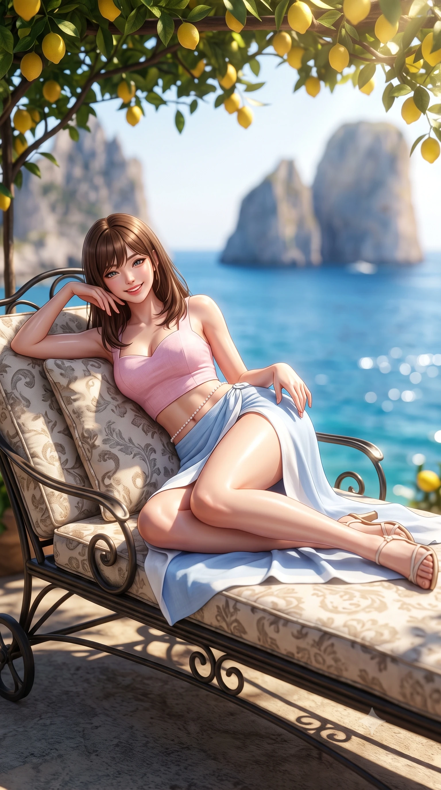 score_9, masterpiece, best quality, ultra-detailed, high-budget anime keyframe, semi-realistic 3D game render, editorial fashion photography, tasteful artistic composition, Korean woman. low angle full-body shot from head to toe showing her feet, filling the entire 9:16 vertical frame with her statuesque presence, stretching her vertical silhouette. reclining languidly on her side across the sunbed with one knee drawn up, her radiant smile and arched hip curve commanding the 9:16 vertical frame with youthful sensual charisma while reclining on a vintage wrought-iron sunbed under the leafy lemon canopy, her long slender legs and feminine curves bathed in golden light. The composition keeps background elements in soft focus with dreamy creamy bokeh. sun-drenched cobalt Mediterranean sea and dramatic Capri limestone cliffs blurred into radiant sapphire, turquoise, and lemon-yellow bokeh. She has an exceptionally tall and slender model-like 8.5-heads proportion, an ultra-slim waist, a flat toned midriff, narrow delicate ribcage, and beautifully sculpted feminine hips creating a graceful, slim hourglass silhouette without any bulky heaviness, with impossibly long slender legs. sharp v-shaped jawline, high-bridge nose, intricate jewel-like sparkling eyes with depth, thick eyelashes, glossy parted lips with a natural peach sheen, bright cheerful beaming smile with an enchanting and coquettish sensual glint, exuding both youthful cute charm and seductive allure, flawlessly proportioned anatomical accuracy, strict slender model proportions, natural body alignment, perfectly sculpted long slender limbs, ultra-slim waistline, clean dynamic posture without body distortion. wearing a sweetheart-neckline baby-pink crop top with a high-slit wrap mini skirt accentuating her waist-to-hip curve in soft baby blue and crisp cloud white, crafted from soft breathable linen with effortless natural drape, accented with a dainty pearl waist chain catching the ambient sunlight, the liquid-tight tailored fabric clinging flawlessly to her narrow waist and rounded feminine hips, emphasizing every millimeter of her sculpted slim hourglass curves without any bulky heaviness. illuminated by intense specular sea surface glints defining her sculpted collarbones, narrow waist, and curvy hips. highly saturated vibrant anime colors, detailed shading with soft gradients, rich glossy textures, high-contrast stereoscopic depth, volumetric dynamic lighting, master piece, 9:16 ratio