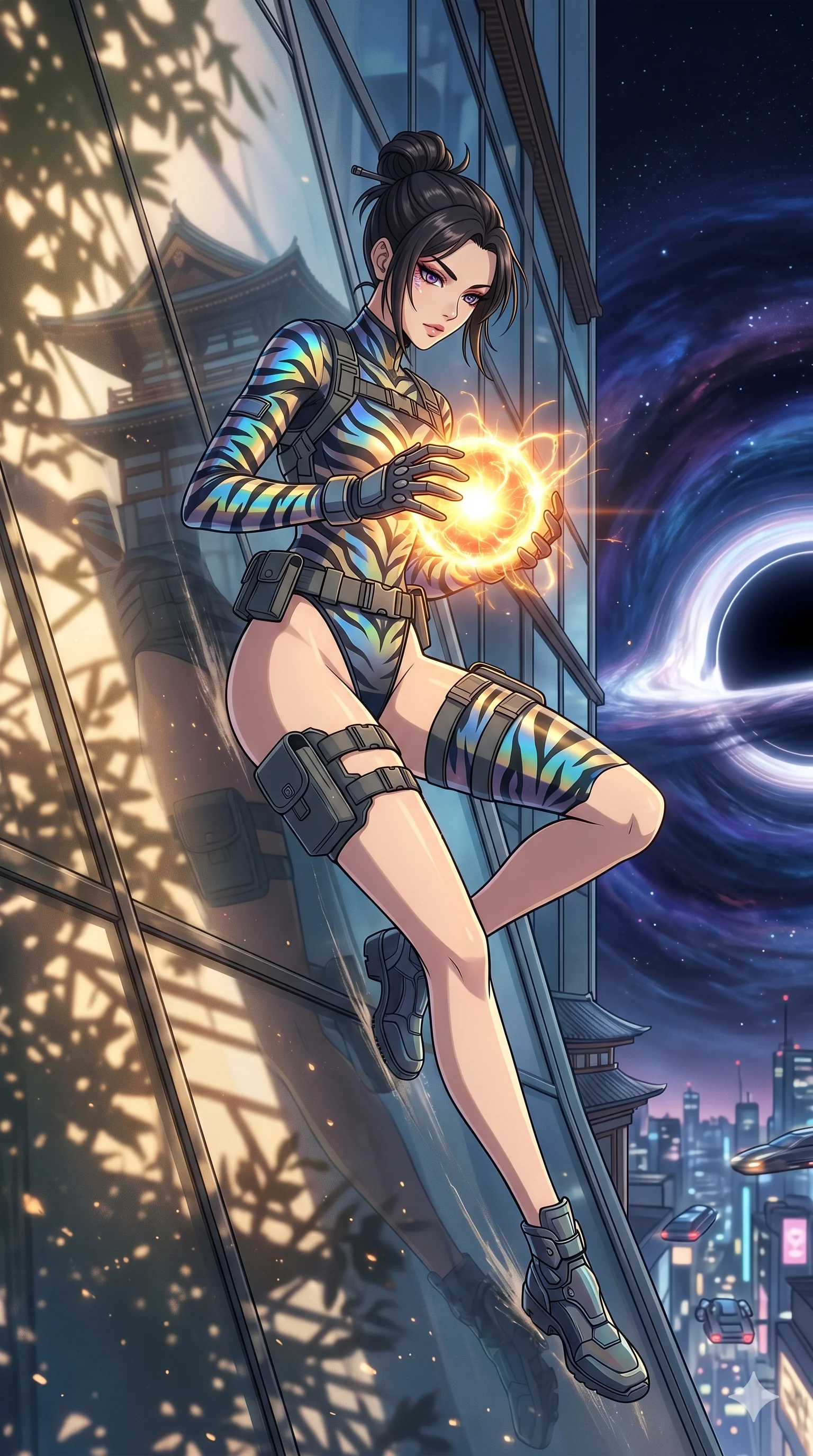 score_9, masterpiece, best quality, ultra-detailed, Set A: High-budget Anime Keyframe, Japanese woman. Low angle cowboy shot filling the entire 9:16 frame with her statuesque presence. Theme: Historical Remix. sliding down a glass skyscraper in the edge of a black hole, holding a glowing core that hums with the power of 22 suns. The atmosphere is filled with cinematic sunlight through leaves. She has an absolutely perfect 8-heads proportion, an exceptionally tall and slender female figure with impossibly long slender legs and an ultra-slim waist. Sharp v-shaped jawline, high-bridge nose, intricate jewel-like eyes with depth, glossy lips. Wearing Holographic tiger-stripe bodysuit with a high-cut leg line and tactical belts. Cinematic lighting, vivid colors, dramatic shadows, 2k, ultra detail, master piece, 9:16 ratio