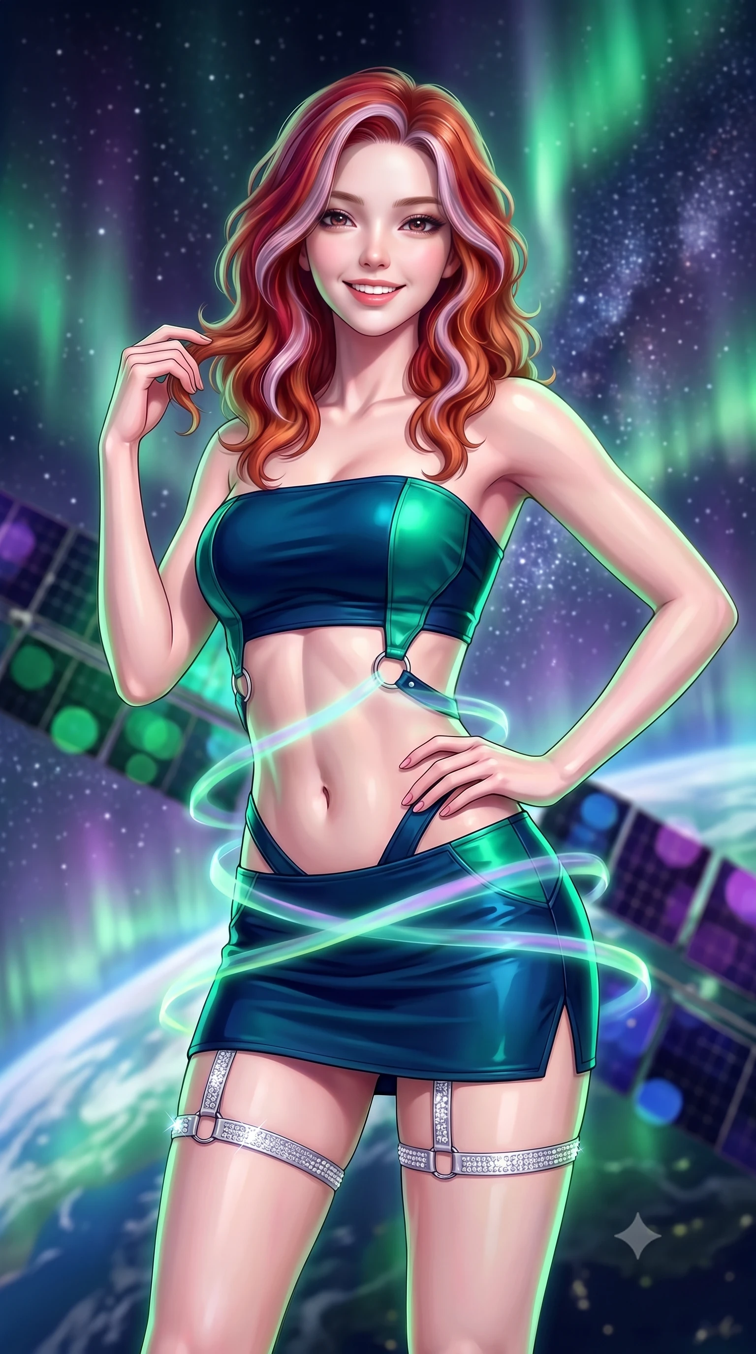 score_9, masterpiece, best quality, ultra-detailed, high-budget anime keyframe, semi-realistic 3D game render, editorial fashion photography, tasteful artistic composition, Caucasian woman. close-up cowboy shot from the waist and thighs up, the character dominates the composition, filling the frame with her large presence. twisting her slender torso in an alluring contrapposto stance, one hand resting on her sculpted hip while her fingers toy with her hair with effortless poise while twisting her slender torso in an alluring contrapposto stance, aurora light ribbons wrapping around her narrow waist and curvy hips. The background shows a soft-focus swirling green and violet polar auroras dancing across Earth's curve, dense Milky Way star clusters, and solar array wings blurred into emerald, amethyst, and sapphire bokeh. She has an exceptionally elegant, slender, and willowy female figure with an ultra-slim waist, flat toned midriff, narrow ribcage, and sculpted feminine hips creating an alluring, slim hourglass silhouette without bulk. sharp v-shaped jawline, high-bridge nose, intricate jewel-like sparkling eyes with depth, thick eyelashes, glossy parted lips with a natural peach sheen, bright cheerful beaming smile with an enchanting and coquettish sensual glint, exuding both youthful cute charm and seductive allure, flawlessly proportioned anatomical accuracy, strict slender model proportions, natural body alignment, perfectly sculpted long slender limbs, ultra-slim waistline, clean dynamic posture without body distortion. wearing an ultra-cropped tech-wear bandeau top paired with a micro mini skirt revealing her flat toned midriff in abyssal ocean sapphire and bioluminescent emerald, adorned with delicate chrome ring hardware and cutouts along her slender waist, finished with delicate crystal-encrusted thigh garter straps glinting in the dim light, the impeccably tailored cut draping gracefully along her slender figure with aristocratic poise. illuminated by Earth albedo reflection bounce and sharp aurora-emerald rim lights sculpting her jawline, narrow waist, and curvy hips. highly saturated vibrant anime colors, detailed shading with soft gradients, rich glossy textures, high-contrast stereoscopic depth, volumetric dynamic lighting, master piece, 9:16 ratio