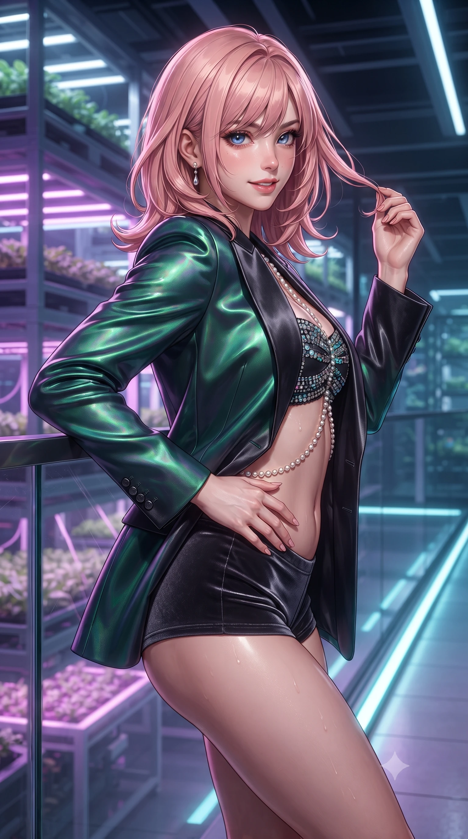 score_9, masterpiece, best quality, ultra-detailed, high-budget anime keyframe, editorial fashion photography, tasteful artistic composition, Japanese woman. close-up cowboy shot from the waist and thighs up, the character dominates the composition, filling the frame with her large presence. twisting her slender torso in an alluring contrapposto stance, one hand resting on her sculpted hip while her fingers toy with her hair with effortless poise while leaning against the transparent bridge balustrade with hips cocked back, looking through ultraviolet grow-lamps with a smoldering smile. The surrounding environment is rendered in vivid detail and crisp panoramic clarity: detailed sheer illusion mesh bodysuit weave, dewy skin highlights, and bio-tech skyscraper interior craft in high resolution. She has an exceptionally elegant, slender, and willowy female figure with an ultra-slim waist, flat toned midriff, narrow ribcage, and sculpted feminine hips creating an alluring, slim hourglass silhouette without bulk. sharp v-shaped jawline, high-bridge nose, sparkling eyes with hypnotic seductive depth, thick curled eyelashes, glossy parted lips with a natural dewy peach sheen, alluring bedroom-eyes with an enchanting coquettish smile, exuding magnetic siren charisma and sophisticated glamour, flawlessly proportioned anatomical accuracy, strict slender model proportions, natural body alignment, perfectly sculpted long slender limbs, ultra-slim waistline, clean dynamic posture without body distortion. wearing a tailored open-front satin smoking jacket worn over a jewel-embellished bandeau and micro-shorts in iridescent emerald satin and dark charcoal velvet, crafted from wet-look high-gloss vinyl fabric with dazzling specular surface reflections, accented with a pearl-drop body harness subtly framing her dewy collarbones and spine, the precision-cut side openings and low-back scoop framing her graceful spine and the sensual sweep of her slim, toned hips. bathed in specialized ultraviolet and cool daylight grow-lighting arrays mixed with bridge floor LED strips. ultra-reflective glossy finish, specular highlights, rich textural contrasts, high-contrast stereoscopic depth, volumetric dynamic lighting, 2k, ultra detail, master piece, 9:16 ratio