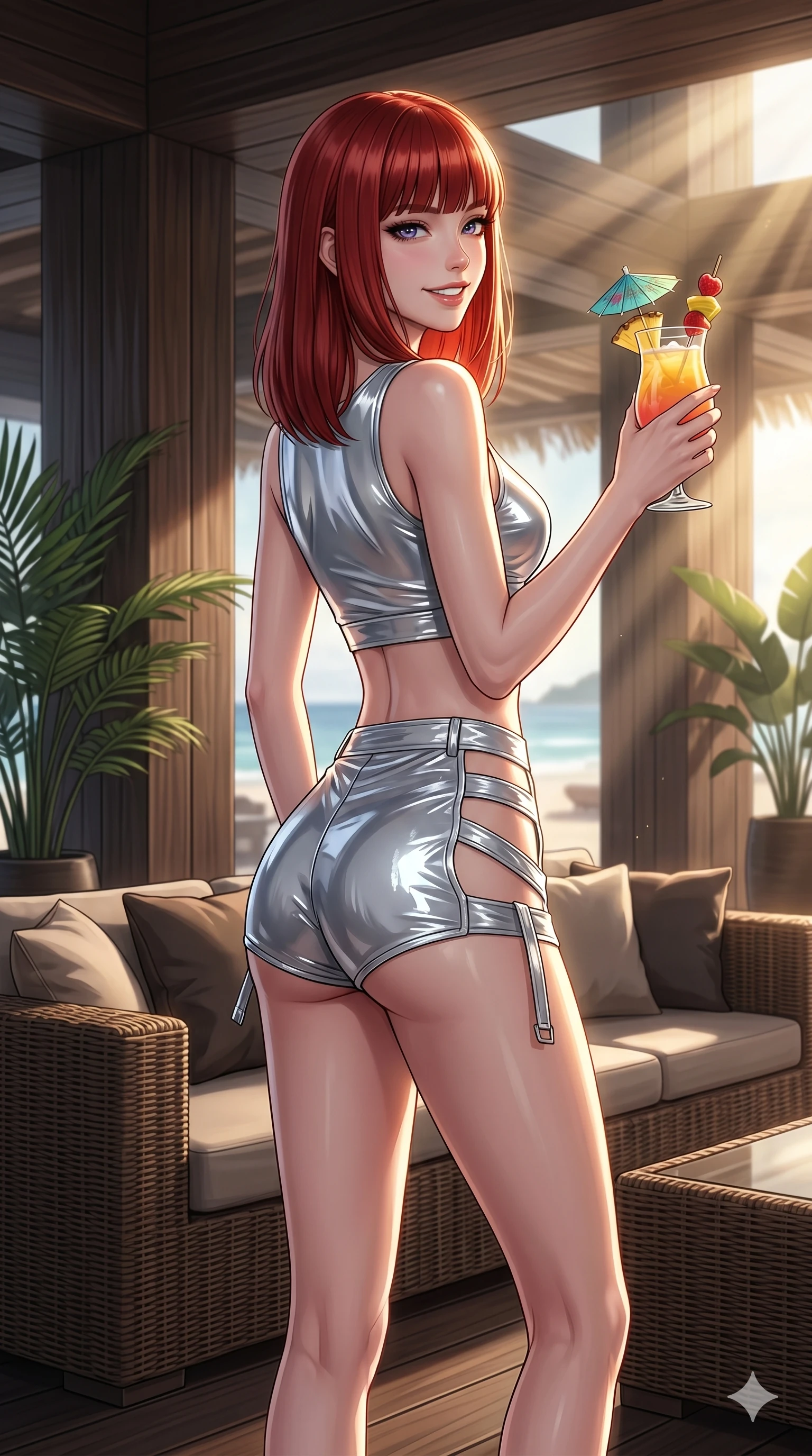 score_9, masterpiece, best quality, ultra-detailed, high-budget anime keyframe, editorial fashion photography, tasteful artistic composition, Caucasian woman, strictly human ears. cowboy shot from the thighs up, character and outfit filling the frame for maximum editorial presence. holding a tropical drink, looking back with a bright, playful grin and a sultry half-smile inside a luxury beach club lounge with modern wooden decor. She has an absolutely perfect 8-heads proportion, an exceptionally tall and slender female figure with impossibly long slender legs and an ultra-slim waist. V-shaped jawline, high-bridge nose, intricate jewel-like eyes with depth, thick eyelashes, glossy lips with a natural sheen. wearing a wet-look silver vinyl crop top and high-waisted shorts with side cutouts and straps. bathed in warm afternoon sunbeams streaming through the open lounge front. 2k, ultra detail, master piece, 9:16 ratio