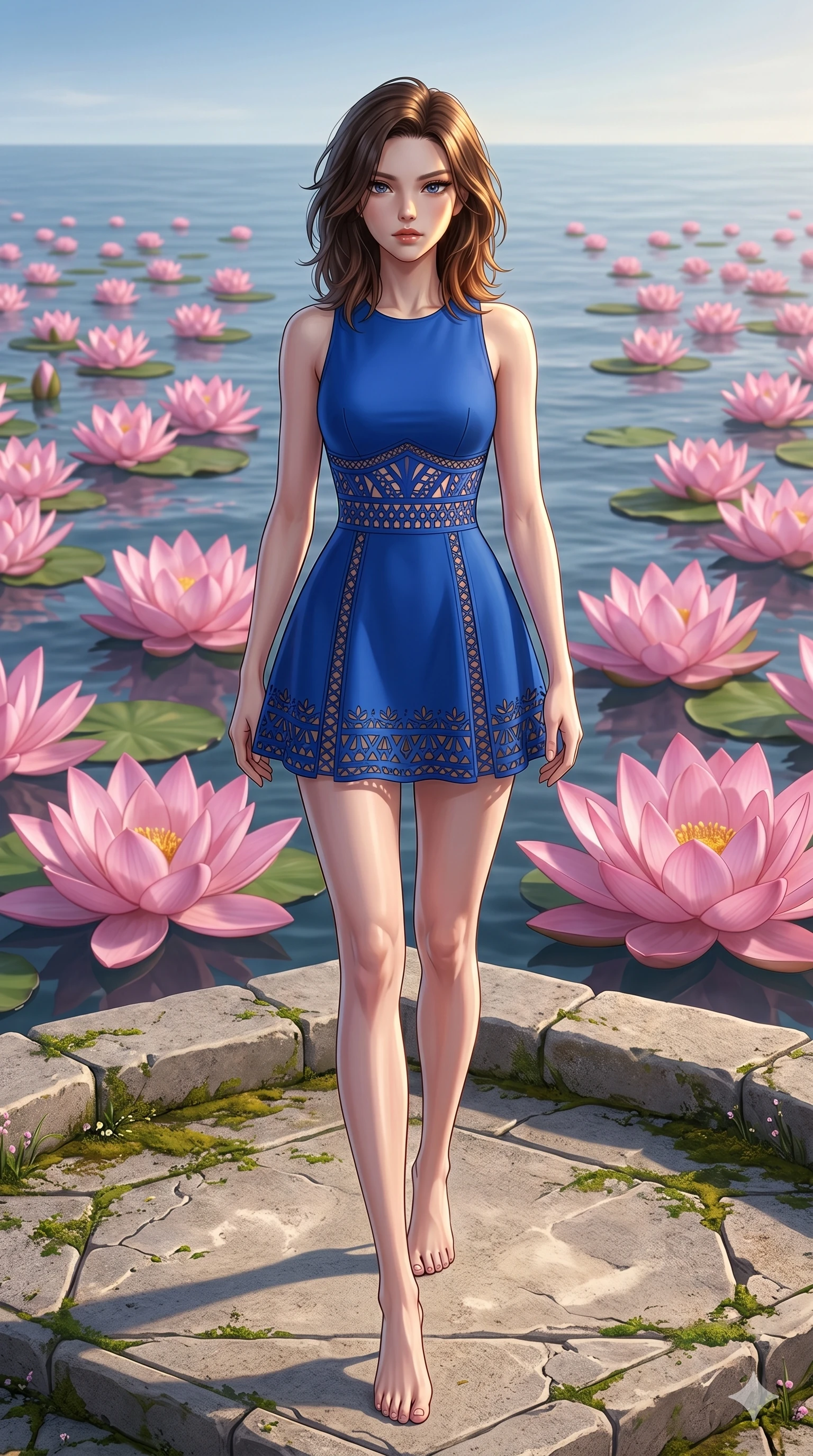 score_9, masterpiece, best quality, ultra-detailed, high-budget anime keyframe, editorial fashion photography, tasteful artistic composition, Korean woman. low angle full-body shot from head to toe showing her feet, filling the entire 9:16 vertical frame with her statuesque presence, stretching her vertical silhouette. Striding confidently forward with elongated powerful stride atop a stone terrace overlooking an endless sea of giant floating lotus flowers. She has an absolutely perfect 8-heads proportion, an exceptionally tall and slender female figure with impossibly long slender legs and an ultra-slim waist. V-shaped jawline, high-bridge nose, intricate jewel-like eyes with depth, thick eyelashes, glossy lips with a natural sheen. wearing a cobalt blue structured mini dress featuring intricate laser-cut geometric patterns along the waist and hem, lined with nude-toned fabric. lit by dramatic chiaroscuro with a single golden key light carving her facial contours and figure. 2k, ultra detail, master piece, 9:16 ratio