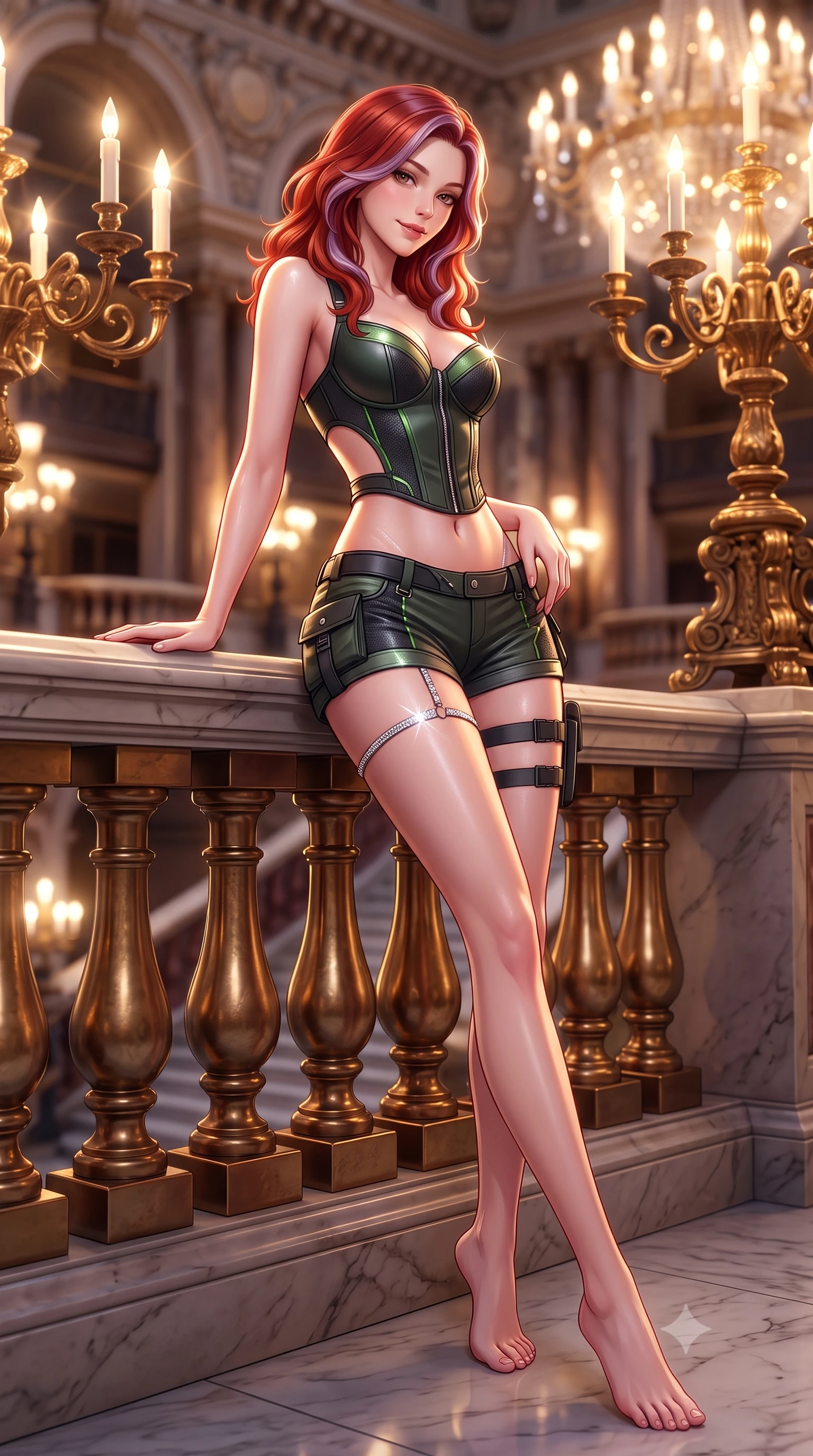 score_9, masterpiece, best quality, ultra-detailed, high-budget anime keyframe, semi-realistic 3D game render, editorial fashion photography, tasteful artistic composition, Caucasian woman. low angle full-body shot from head to toe showing her feet, filling the entire 9:16 vertical frame with her statuesque presence, stretching her vertical silhouette. leaning deep against the balcony balustrade with hips cocked back in an unapologetically alluring high-fashion stance, casting an intoxicating glance while lounging gracefully on the wide marble landing propped on one hand, her flat midriff and impossibly long slender legs commanding the palace vista. The background shows a soft-focus ornate gilded bronze candelabras softened in magnificent Parisian opera shallow focus. She has an absolutely perfect, statuesque 8.5-heads proportion, an exceptionally tall and slender model-like female figure with impossibly long slender legs, an ultra-slim waist, a flat toned midriff, narrow delicate ribcage, and beautifully sculpted feminine hips creating a graceful, slim hourglass silhouette without any bulky heaviness. sharp v-shaped jawline, high-bridge nose, sparkling eyes with hypnotic seductive depth, thick curled eyelashes, glossy parted lips with a natural dewy peach sheen, alluring bedroom-eyes with an enchanting coquettish smile, exuding magnetic siren charisma and sophisticated glamour, flawlessly proportioned anatomical accuracy, strict slender model proportions, natural body alignment, perfectly sculpted long slender limbs, ultra-slim waistline, clean dynamic posture without body distortion. wearing a structured boned tactical leatherette corset bodice paired with low-rise cargo hot-pants and thigh holster straps in stealth night-vision green and carbon charcoal with neon accents, woven from stretch metallic lurex jersey casting radiant starlight glints across her silhouette, finished with delicate crystal-encrusted thigh garter straps glinting under the lights, the precision-cut side openings and low-back scoop framing her graceful spine and the sensual sweep of her slim, toned hips. bathed in the warm radiant brilliance of thousands of crystal chandelier electric candles. highly saturated vibrant anime colors, detailed shading with soft gradients, rich glossy textures, high-contrast stereoscopic depth, volumetric dynamic lighting, master piece, 9:16 ratio