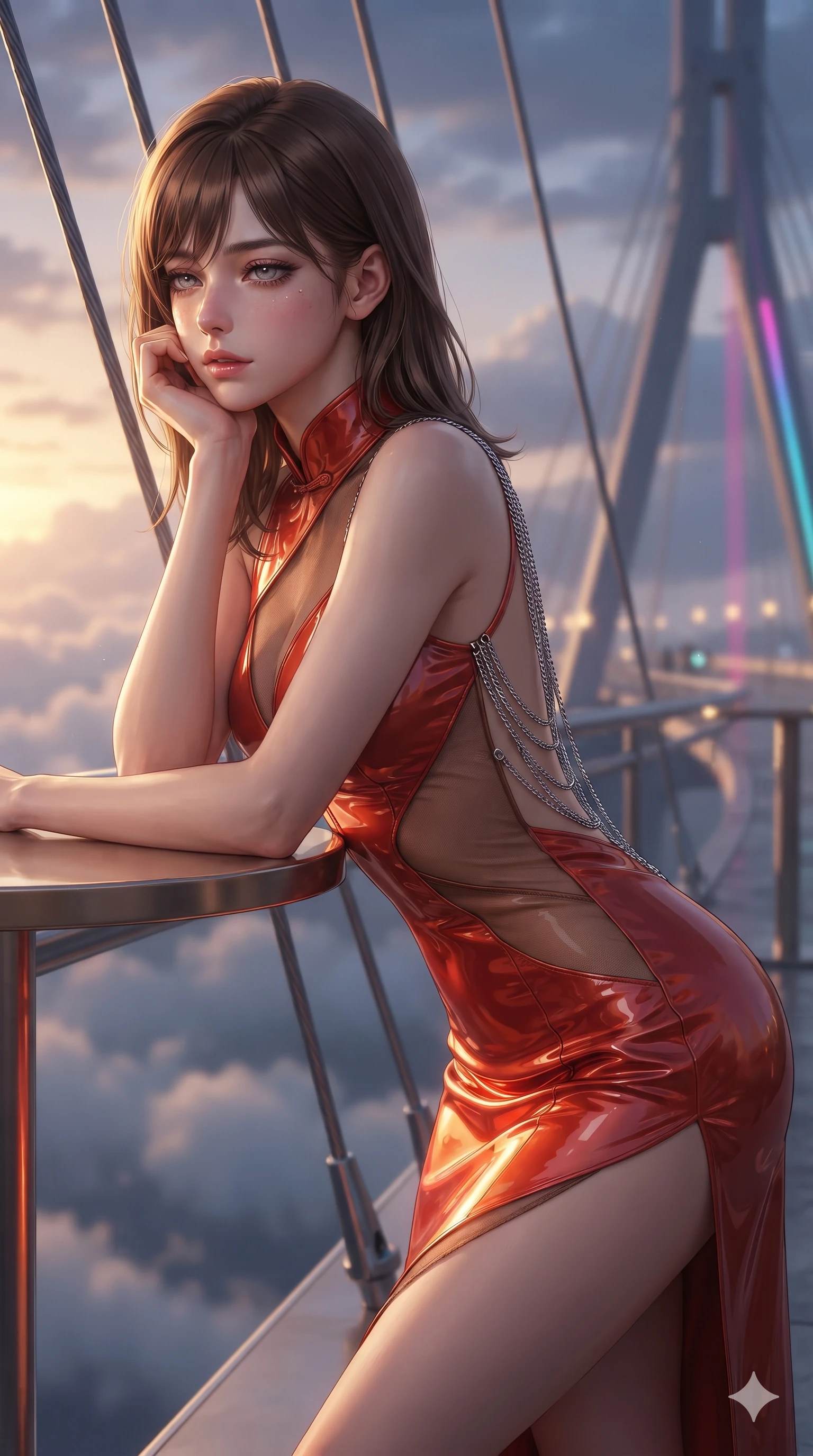 score_9, masterpiece, best quality, ultra-detailed, high-budget anime keyframe, editorial fashion photography, tasteful artistic composition, Korean woman. close-up cowboy shot from the waist and thighs up, the character dominates the composition, filling the frame with her large presence. resting one elbow on the table and supporting her chin, leaning close to the camera with heavy-lidded sparkling eyes and parted lips while leaning against the structural bridge cables with hips cocked back, gazing into the glittering twilight expanse with intoxicating bedroom-eyes. The background shows a soft-focus high-altitude evening clouds softened in dual-era skybridge promenade shallow focus. She has an exceptionally elegant, slender, and willowy female figure with an ultra-slim waist, flat toned midriff, narrow ribcage, and sculpted feminine hips creating an alluring, slim hourglass silhouette without bulk. sharp v-shaped jawline, high-bridge nose, intricate jewel-like sparkling eyes with depth, thick eyelashes, glossy parted lips with a natural sheen, intensely captivating and seductive bedroom-eyes expression, exuding both youthful cute charm and sovereign luxury allure, flawlessly proportioned anatomical accuracy, strict slender model proportions, natural body alignment, perfectly sculpted long slender limbs, ultra-slim waistline, clean dynamic posture without body distortion. wearing a wet-look silk fusion wrap dress with asymmetrical sheer mesh cutouts and high Mandarin collar in imperial vermilion silk and warm bronze, tailored from high-gloss patent leather with mirror-like specular highlights, accented with an open-back drape framed by falling strands of delicate chrome chains, the glove-like clinging cut tightly following the natural contour of her hips and long slender legs with youthful 8.5-heads elegance. bathed in the dramatic dual twilight lighting: warm golden sunset rays from the classical west and cool vibrant neon from the futuristic east. ultra-reflective glossy finish, specular highlights, rich textural contrasts, high-contrast stereoscopic depth, volumetric dynamic lighting, 2k, ultra detail, master piece, 9:16 ratio