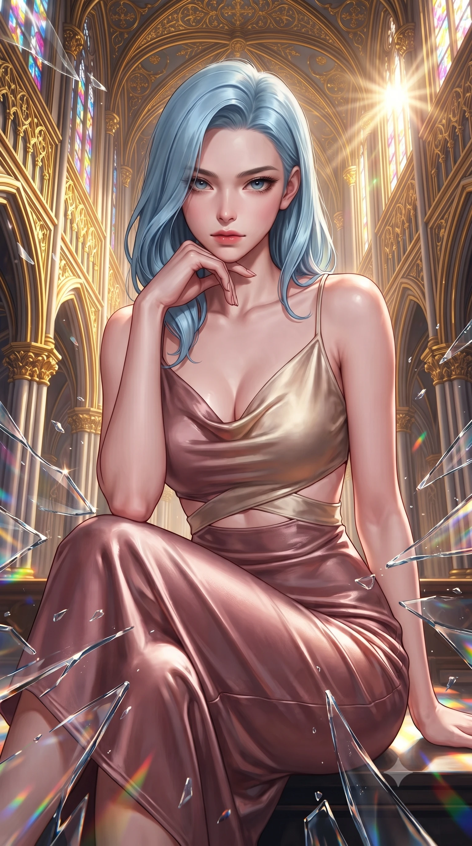 score_9, masterpiece, best quality, ultra-detailed, high-budget anime keyframe, editorial fashion photography, tasteful artistic composition, Korean woman. close-up cowboy shot from the waist and thighs up, the character dominates the composition, filling the frame with her large presence, background elements kept in soft focus. Resting her chin on the backs of her fingers, casting a sharp, mysterious gaze leaping through shattered liquid glass fragments in a illuminated cathedral, golden filigree details on the architecture shining with brilliant luster. She has an exceptionally elegant, slender, and willowy female figure with an ultra-slim waist, a gracefully sculpted slender torso, and a refined silhouette. sharp v-shaped jawline, high-bridge nose, intricate jewel-like eyes with depth, thick eyelashes, glossy lips with a natural sheen. wearing an elegant cowl-neck satin midi dress with a draped neckline in dusty rose and champagne gold, made of premium stretch velvet with a rich sheen, featuring subtle geometric cutouts that highlight her ultra-slim midriff, the sleek second-skin texture accentuating her magnetic presence. lit by bright sunbursts creating vivid, saturated color projections. highly saturated vibrant anime colors, detailed shading with soft gradients, rich glossy textures, high-contrast stereoscopic depth, volumetric dynamic lighting, master piece, 9:16 ratio