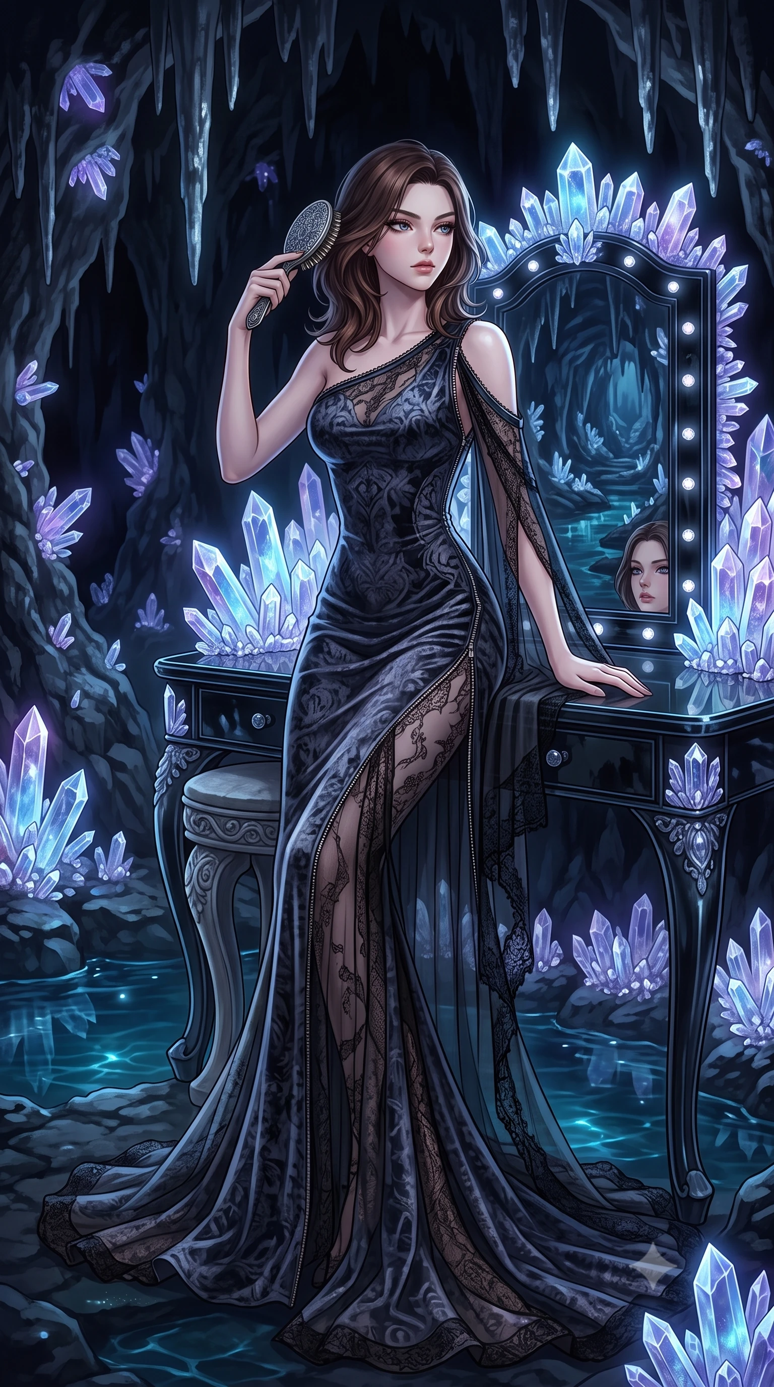 score_9, masterpiece, best quality, ultra-detailed, High-budget Anime Keyframe, East Asian woman. Dynamic full-body shot stretching the vertical silhouette to the limit. Scenario 260: brushing her hair while seated before a vanity of black glass in an underground cave lined with glowing quartz crystals and deep pools. Her presence is magnetic and overpowering in this high-budget anime scene. Outfit 260: a body-hugging crushed dark velvet long with a unzipped detail and translucent layers. The clothing is designed to emphasize her exceptionally tall and slender 8-heads proportion. 8-heads proportion, towering silhouette, ultra-slim waist. sharp v-shaped jawline, intricate jewel-like eyes with depth, thick eyelashes, glossy lips. 2k, ultra detail, master piece, 9:16 ratio