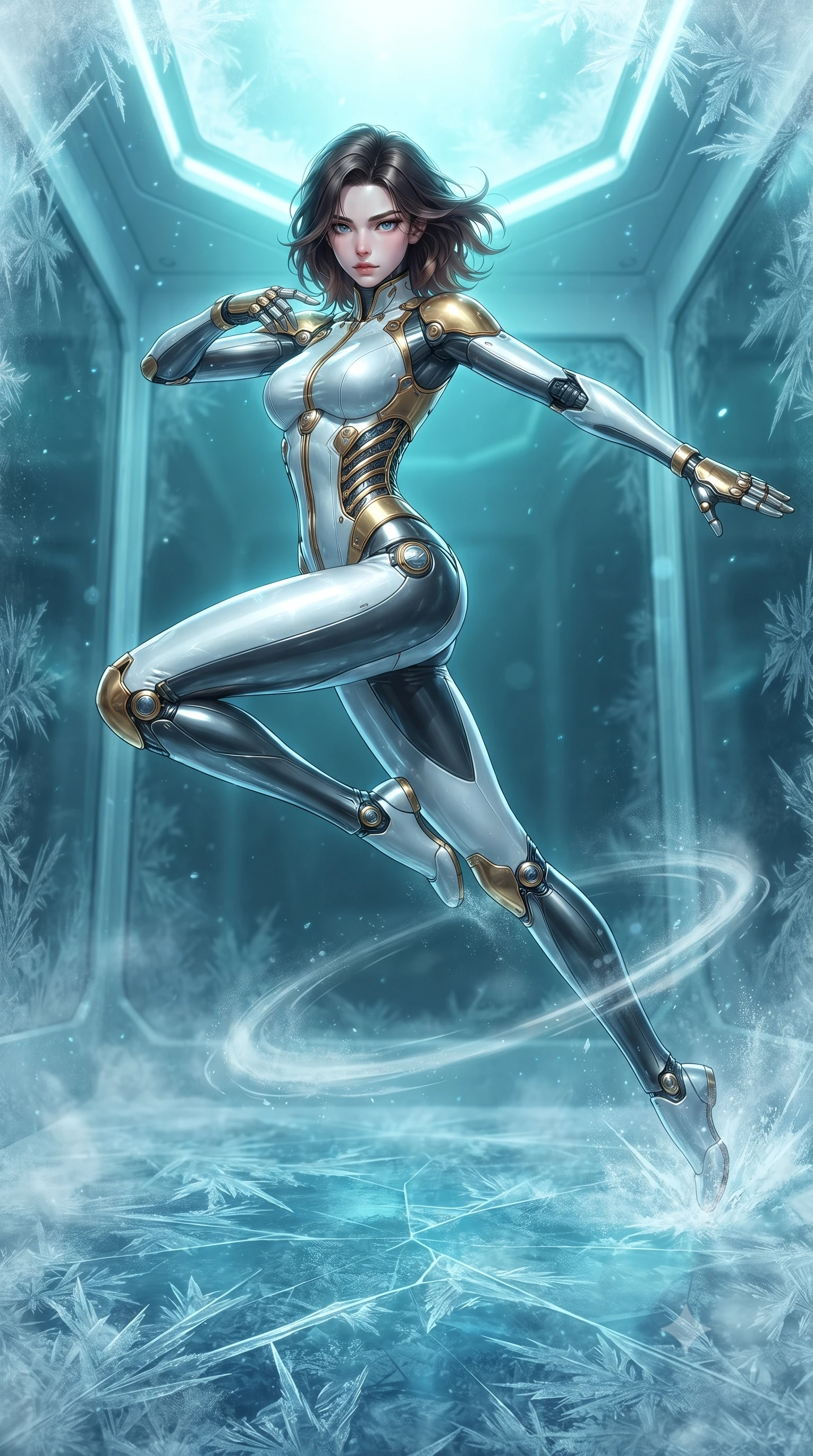 score_9, masterpiece, best quality, ultra-detailed, high-budget anime keyframe, editorial fashion photography, tasteful artistic composition, Korean woman. low angle full-body shot from head to toe showing her feet, filling the entire 9:16 vertical frame with her statuesque presence, stretching her vertical silhouette. leaping into mid-air with an athletic yet alluring arch of her spine, driving a downward kinetic strike surrounded by a ring of displaced air while stepping across the frosted chamber with silent, lethal predator grace that commands absolute stillness. The surrounding environment is rendered in vivid detail and crisp panoramic clarity. intricate ice fracture geometries on floor, razor-sharp frost patterns on carbon armor, and cryo-mist in deep focus. She has an absolutely perfect, statuesque 8.5-heads proportion, an exceptionally tall and slender model-like female figure with impossibly long slender legs, a toned flat midriff, and an ultra-slim waist. sharp v-shaped jawline, high-bridge nose, intricate jewel-like eyes with depth, thick eyelashes, glossy lips with a natural sheen, flawlessly proportioned anatomical accuracy, strict slender model proportions, natural body alignment, perfectly sculpted long slender limbs, ultra-slim waistline, clean dynamic posture without body distortion. wearing a precision-tailored high-fashion carbon-fiber corset bodysuit with gold mechanical rib boning and kinetic shock-dampening palms in arctic white carbon composite with radiant solar gold plating, tailored from flexible second-skin carbon-mesh that clings flawlessly to her athletic curves, detailed with magnetic knuckle shock-absorbers and polished chrome articulation joints, the glove-like aerodynamic second-skin fit tightly clinging to her ultra-slender waist and athletic curves without adding bulk, accentuating her razor-sharp statuesque lines and slim hourglass silhouette. bathed in glowing cyan cryogenic stasis radiance and cool white emergency strobe lighting. ultra-reflective glossy finish, specular highlights, dark metallic sheen, high-contrast stereoscopic depth, volumetric dynamic lighting, 2k, ultra detail, master piece, 9:16 ratio