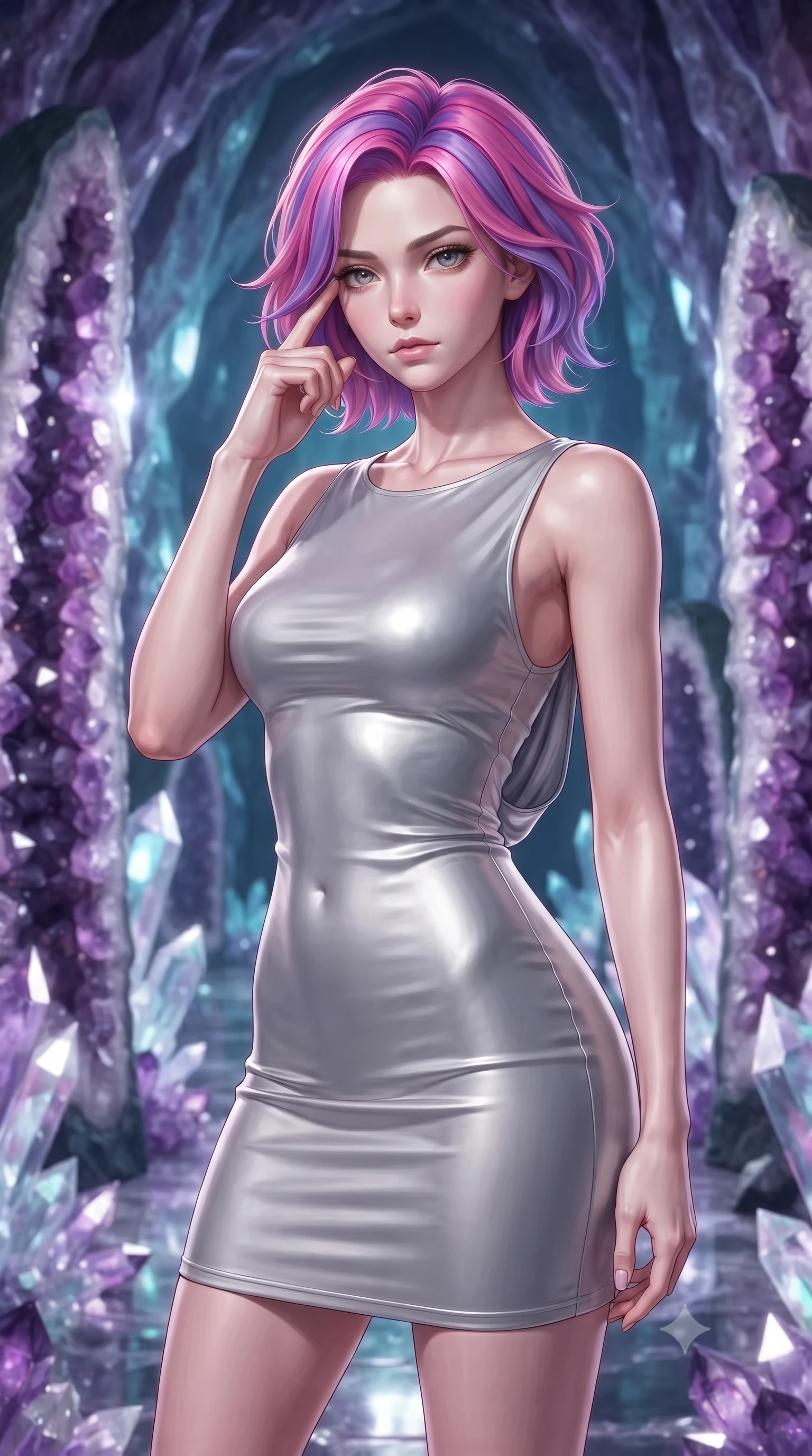 score_9, masterpiece, best quality, ultra-detailed, high-budget anime keyframe, editorial fashion photography, tasteful artistic composition, Caucasian woman. close-up cowboy shot from the waist and thighs up, the character dominates the composition, filling the frame with her large presence, background elements kept in soft focus. Pressing two fingers to her temple in a composed thoughtful gesture with an air of magnetic charisma standing inside a breathtaking cavern lined with massive amethyst geode pillars, sharp crystalline reflections creating an opulent, jewel-like ambience. She has an exceptionally elegant, slender, and willowy female figure with an ultra-slim waist, a gracefully sculpted slender torso, and a refined silhouette. sharp v-shaped jawline, high-bridge nose, intricate jewel-like eyes with depth, thick eyelashes, glossy lips with a natural sheen. wearing a precision-fitted liquid silver jersey bodycon dress with a graceful draped back, the sleek second-skin texture accentuating her magnetic presence. surrounded by a cool jewel-toned luminescence with bright specular rim lights. ultra-reflective glossy finish, specular highlights, metallic sheen, high-contrast stereoscopic depth, volumetric dynamic lighting, 2k, ultra detail, master piece, 9:16 ratio