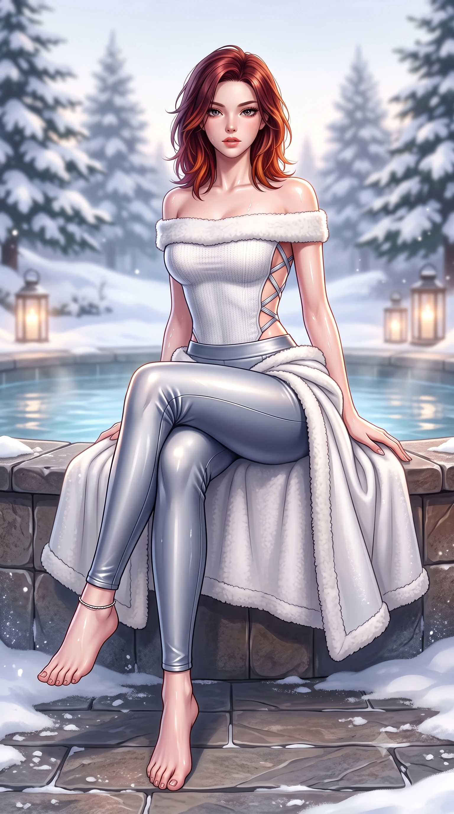 score_9, masterpiece, best quality, ultra-detailed, high-budget anime keyframe, semi-realistic 3D game render, editorial fashion photography, tasteful artistic composition, Korean woman. low angle full-body shot from head to toe showing her feet, filling the entire 9:16 vertical frame with her statuesque presence, stretching her vertical silhouette. sitting poised on the elevated edge with legs crossed and extended, her tall 8.5-heads proportions dominating the scene with effortless poise while stepping out onto the heated stone pool deck, wrapping a plush towel around her waist with effortless supermodel poise. The composition keeps background elements in soft focus with creamy bokeh. snow-covered cedar pines and glowing outdoor lanterns softened in dreamy shallow focus. She has an absolutely perfect, statuesque 8.5-heads proportion, an exceptionally tall and slender model-like female figure with impossibly long slender legs, a toned flat midriff, and an ultra-slim waist. sharp v-shaped jawline, high-bridge nose, intricate jewel-like eyes with depth, thick eyelashes, glossy parted lips with a natural sheen, intensely captivating and seductive expression, flawlessly proportioned anatomical accuracy, strict slender model proportions, natural body alignment, perfectly sculpted long slender limbs, ultra-slim waistline, clean dynamic posture without body distortion. wearing an off-shoulder white shearling-trimmed knit bodysuit paired with high-waisted metallic snow trousers in winter slate grey and pearl luster, tailored from ultra-sleek thermal stretch neoprene with satin sheen, finished with a dramatic open back framed by criss-cross silver elastic straps, the form-contouring material adhering flawlessly to her sculpted flat midriff and slender torso, emphasizing her long leg lines and perfectly proportioned willowy build. illuminated by wet specular highlights accentuating her slender neckline, sculpted waist, and curves. highly saturated vibrant anime colors, detailed shading with soft gradients, rich glossy textures, high-contrast stereoscopic depth, volumetric dynamic lighting, master piece, 9:16 ratio