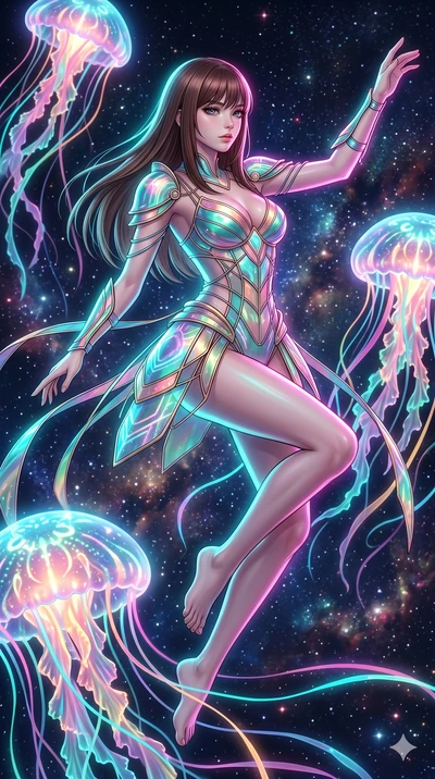 score_9, masterpiece, best quality, ultra-detailed, high-budget anime keyframe, Korean woman. upper body close-up from the thighs up, character filling the screen for maximum presence. swirling gracefully among the glowing ribbon-like tentacles of gi