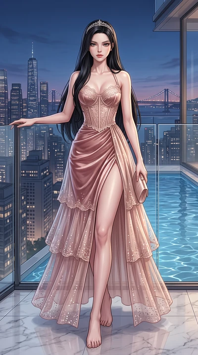 score_9, masterpiece, best quality, ultra-detailed, high-budget anime keyframe, semi-realistic 3D game render, editorial fashion photography, tasteful artistic composition, Korean woman. low angle full-body shot from head to toe showing her feet, fil