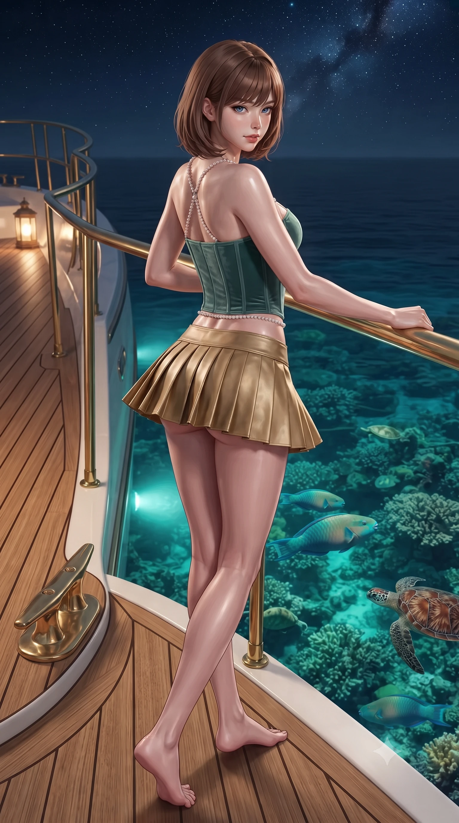 score_9, masterpiece, best quality, ultra-detailed, high-budget anime keyframe, editorial fashion photography, tasteful artistic composition, Caucasian woman. low angle full-body shot from head to toe showing her feet, filling the entire 9:16 vertical frame with her statuesque presence, stretching her vertical silhouette. executing a slow, graceful pivot turn as her skirt sways around her slender legs, glancing back with an enchanting, teasing sensual expression while leaning against the nautical brass rail with hips cocked back, looking down at illuminated tropical parrotfish and sea turtles with smoldering bedroom-eyes. The surrounding environment is rendered in vivid detail and crisp panoramic clarity: sharp natural teak plank grain, polished brass deck cleats, and live coral reef texture through transparent water in deep focus. She has an exceptionally tall and slender model-like 8.5-heads proportion, an ultra-slim waist, a flat toned midriff, narrow delicate ribcage, and beautifully sculpted feminine hips creating a graceful, slim hourglass silhouette without any bulky heaviness, with impossibly long slender legs. sharp v-shaped jawline, high-bridge nose, intricate jewel-like sparkling eyes with depth, thick eyelashes, glossy parted lips with a natural peach sheen, bright cheerful beaming smile with an enchanting and coquettish sensual glint, exuding both youthful cute charm and seductive allure, flawlessly proportioned anatomical accuracy, strict slender model proportions, natural body alignment, perfectly sculpted long slender limbs, ultra-slim waistline, clean dynamic posture without body distortion. wearing a structured boned velvet bustier top paired with an ultra-short low-rise pleated micro mini skirt in Tulum jungle agave sage and copal resin gold, woven from buttery-soft stretch lambskin leather adhering to her body like a second skin, accented with a pearl-drop body harness subtly framing her dewy collarbones and spine, the bespoke structured tailoring following the natural line of her 8.5-heads silhouette with refined elegance. bathed in underwater reef cyan-and-green LEDs shining upward contrasted with warm 2700K deck lanterns and clear tropical starlight. ultra-reflective glossy finish, specular highlights, rich textural contrasts, high-contrast stereoscopic depth, volumetric dynamic lighting, 2k, ultra detail, master piece, 9:16 ratio