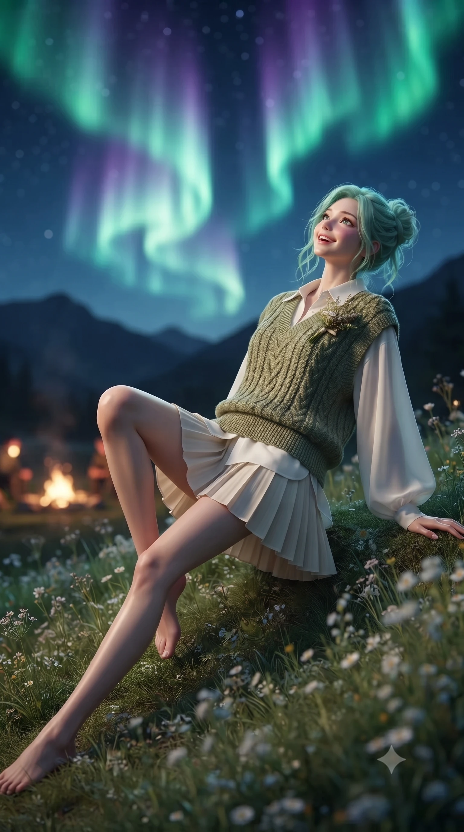 score_9, masterpiece, best quality, ultra-detailed, high-budget anime keyframe, editorial fashion photography, tasteful artistic composition, Japanese woman. low angle full-body shot from head to toe showing her feet, filling the entire 9:16 vertical frame with her statuesque presence, stretching her vertical silhouette. standing poised on one leg with a playful hop and joyful expression, her long legs and slender figure highlighted against the landscape while lying on the soft grass looking up at dancing emerald aurora borealis waves with a dreamy, affectionate smile. The composition keeps background elements in soft focus with creamy bokeh. dark mountain silhouettes and distant campsite campfires softened in smooth nocturnal depth of field. She has an absolutely perfect, statuesque 8.5-heads proportion, an exceptionally tall and slender model-like female figure with impossibly long slender legs, a toned flat midriff, and an ultra-slim waist. sharp v-shaped jawline, high-bridge nose, intricate jewel-like eyes with depth, thick eyelashes, glossy lips with a natural sheen, pure and lovely fresh girlhood expression, flawlessly proportioned anatomical accuracy, strict slender model proportions, natural body alignment, perfectly sculpted long slender limbs, ultra-slim waistline, clean dynamic posture without body distortion. wearing a cozy cable-knit sweater vest layered over an oversized crisp white shirt and a pleated tennis skirt in muted olive green and ivory cotton, made of fine lightweight chiffon with a soft fluid drape, complemented by a delicate wildflower corsage pinned to the lapel, the soft airy drape swaying gracefully with her dynamic movements, emphasizing her tall willowy build and slim waistline. surrounded by a magical, romantic, and breathtakingly wondrous starlit maiden aura. ultra-reflective glossy finish, specular highlights, rich natural textures, high-contrast stereoscopic depth, volumetric dynamic lighting, 2k, ultra detail, master piece, 9:16 ratio