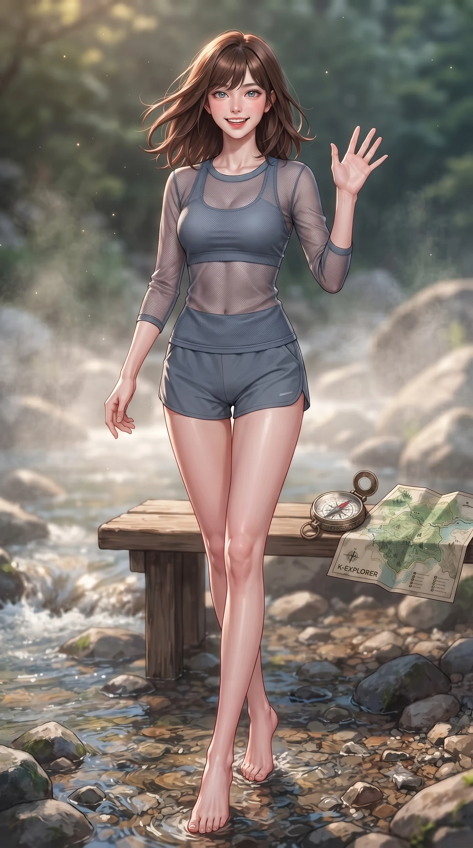 score_9, masterpiece, best quality, ultra-detailed, high-budget anime keyframe, editorial fashion photography, tasteful artistic composition, Korean woman. low angle full-body shot from head to toe showing her feet, filling the entire 9:16 vertical frame with her statuesque presence, stretching her vertical silhouette. stepping forward with a bright, cheerful smile, waving happily at the viewer set against a soft-focus background of next to a rocky creek with clear mountain water running over pebbles with a small compass and a map of the forest trail on a nearby bench. She has an absolutely perfect, statuesque 8.5-heads proportion, an exceptionally tall and slender model-like female figure with impossibly long slender legs and an ultra-slim waist. sharp v-shaped jawline, high-bridge nose, intricate jewel-like eyes with depth, thick eyelashes, glossy lips with a natural sheen. wearing slim-fit sheer mesh athletic top in slate grey, worn over a slim-fit sports bralette and shorts. soft morning mist rising from the stream, diffusing the warm starlight. ultra-reflective glossy finish, specular highlights, metallic sheen, high-contrast stereoscopic depth, volumetric dynamic lighting, 2k, ultra detail, master piece, 9:16 ratio