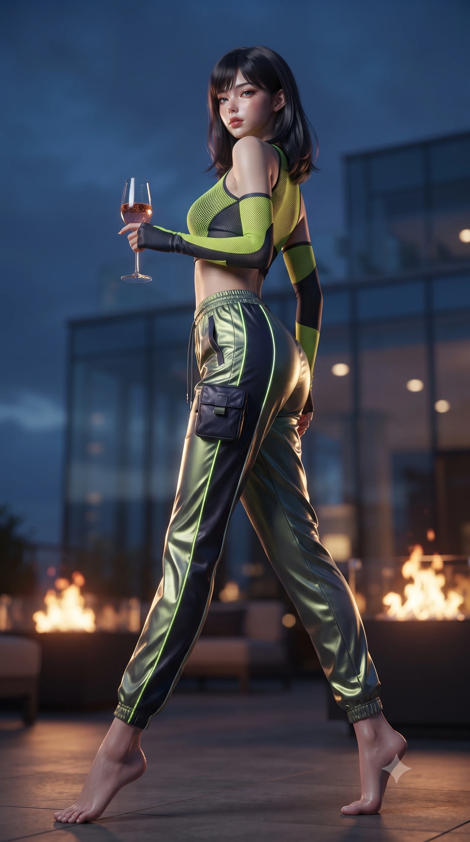 score_9, masterpiece, best quality, ultra-detailed, high-budget anime keyframe, editorial fashion photography, tasteful artistic composition, Korean woman. low angle full-body shot from head to toe showing her feet, filling the entire 9:16 vertical frame with her statuesque presence, stretching her vertical silhouette. pivoting dynamically with supreme athletic balance and poise, her impossibly long slender legs creating a breathtaking line while holding a chilled glass of vintage rosé, casting a smoldering, confident gaze over her shoulder into the lens. The composition keeps background elements in soft focus with creamy bokeh. penthouse glass architecture and glowing rooftop fire pits softened in cinematic shallow depth of field. She has an absolutely perfect, statuesque 8.5-heads proportion, an exceptionally tall and slender model-like female figure with impossibly long slender legs, a toned flat midriff, and an ultra-slim waist. sharp v-shaped jawline, high-bridge nose, intricate jewel-like eyes with depth, thick eyelashes, glossy lips with a natural sheen, captivating and magnetic expression, flawlessly proportioned anatomical accuracy, strict slender model proportions, natural body alignment, perfectly sculpted long slender limbs, ultra-slim waistline, clean dynamic posture without body distortion. wearing a sporty Y2K mesh-paneled crop top with asymmetrical sleeve warmers and low-slung metallic track pants in acid lime green and dark obsidian, made of breathable technical athletic mesh and liquid-finish track nylon, finished with glowing fiber-optic seam piping and miniature utility pouches, the liquid-tight tailored fabric emphasizing every curve of her tall, slender model proportions and sculptured silhouette during dynamic movement. bathed in twilight indigo sky tones and warm amber rooftop fire pit glow. ultra-reflective glossy finish, specular highlights, rich textural contrasts, high-contrast stereoscopic depth, volumetric dynamic lighting, 2k, ultra detail, master piece, 9:16 ratio