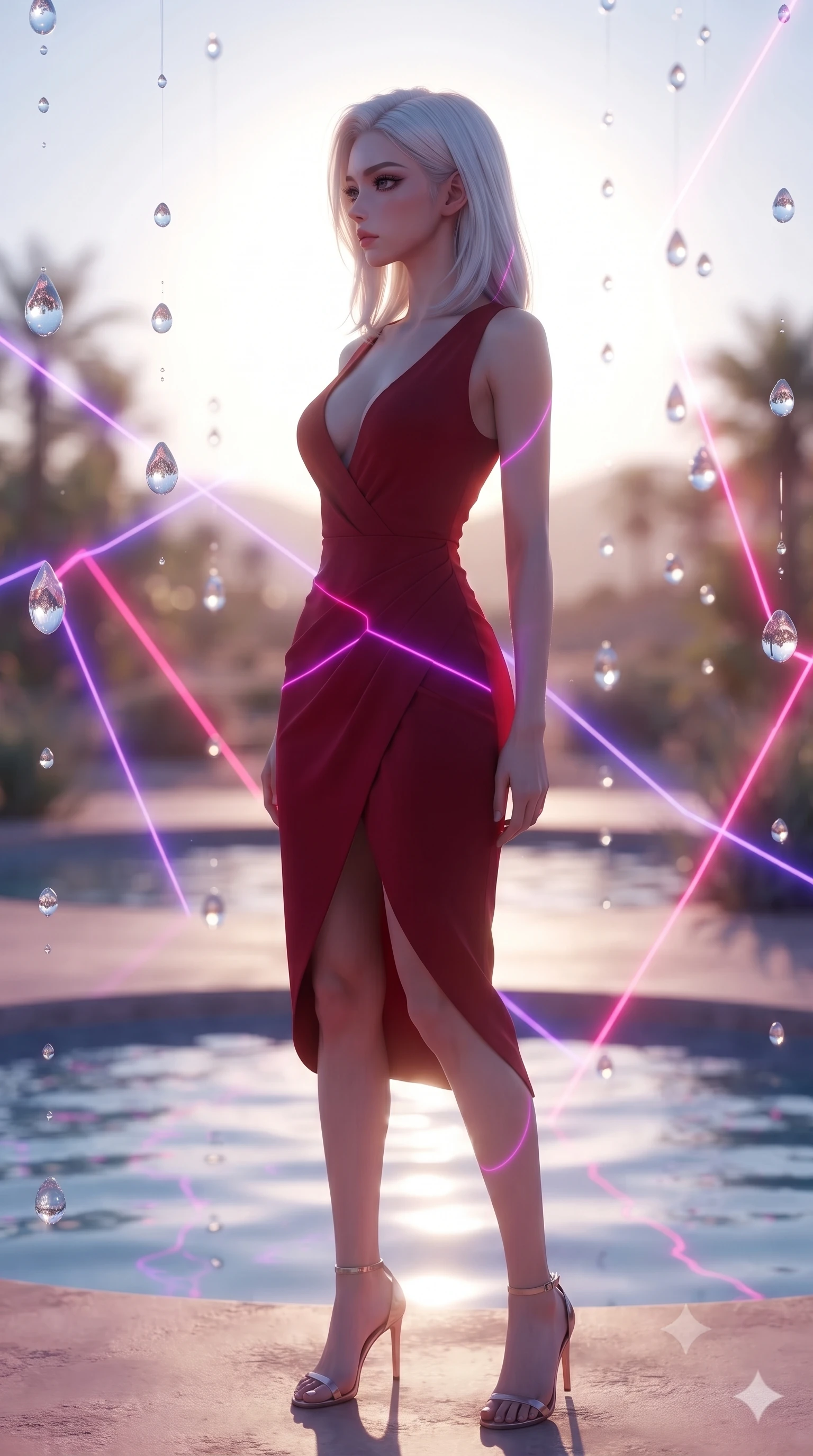 score_9, masterpiece, best quality, ultra-detailed, high-budget anime keyframe, editorial fashion photography, tasteful artistic composition, Korean woman. close-up cowboy shot from the waist and thighs up, the character dominates the composition, filling the frame with her large presence, background elements kept in soft focus. Turning her face in sharp dramatic profile against the light. set against a soft-focus background of a shimmering impossible garden appearing in desert heat haze where crystallized water droplets hang frozen like diamonds in the air above oasis pools reflecting a sky that ripples with thermal distortion. She has an exceptionally elegant and slender, willowy female figure with an ultra-slim waist, a gracefully sculpted slender torso, and a refined slim physique. sharp v-shaped jawline, high-bridge nose, intricate jewel-like eyes with depth, thick eyelashes, glossy lips with a natural sheen. wearing a crimson red jersey dress featuring a deep plunging neckline and an asymmetric wrap skirt with a high slit. laser lines of violet and hot pink reflecting off surfaces casting geometric neon highlights. 2k, ultra detail, master piece, 9:16 ratio