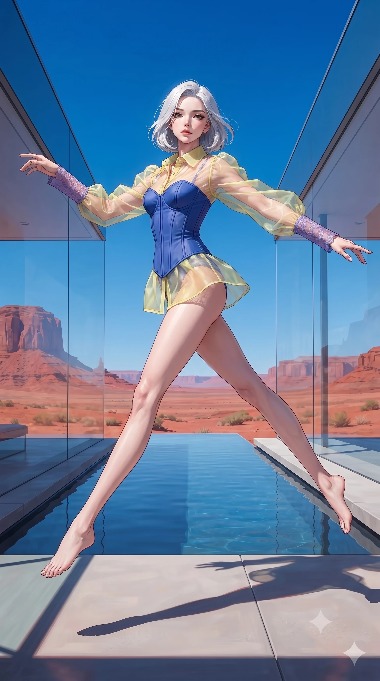 score_9, masterpiece, best quality, ultra-detailed, high-budget anime keyframe, editorial fashion photography, tasteful artistic composition, Korean woman. low angle full-body shot from head to toe showing her feet, filling the entire 9:16 vertical frame with her statuesque presence, stretching her vertical silhouette. leaping gracefully through a minimalist glass house with sharp geometric angles set in a red rock desert landscape with an infinity reflecting pool that mirrors the cloudless sky and clean architectural lines cutting against natural rock formations. She has a statuesque 8.5-heads proportion, an exceptionally tall, slender and willowy model-like build with impossibly long legs and a highly sculpted ultra-slim waist. sharp v-shaped jawline, high-bridge nose, intricate jewel-like eyes with depth, thick eyelashes, glossy lips with a natural sheen. wearing a transparent organza blouse in pastel yellow with purple lace cuffs, layered over a structured cobalt blue corset. harsh desert sunlight creating crisp geometric shadows from the glass architecture with warm red rock reflections and cool blue sky reflections in the pool creating natural color contrast. 2k, ultra detail, master piece, 9:16 ratio