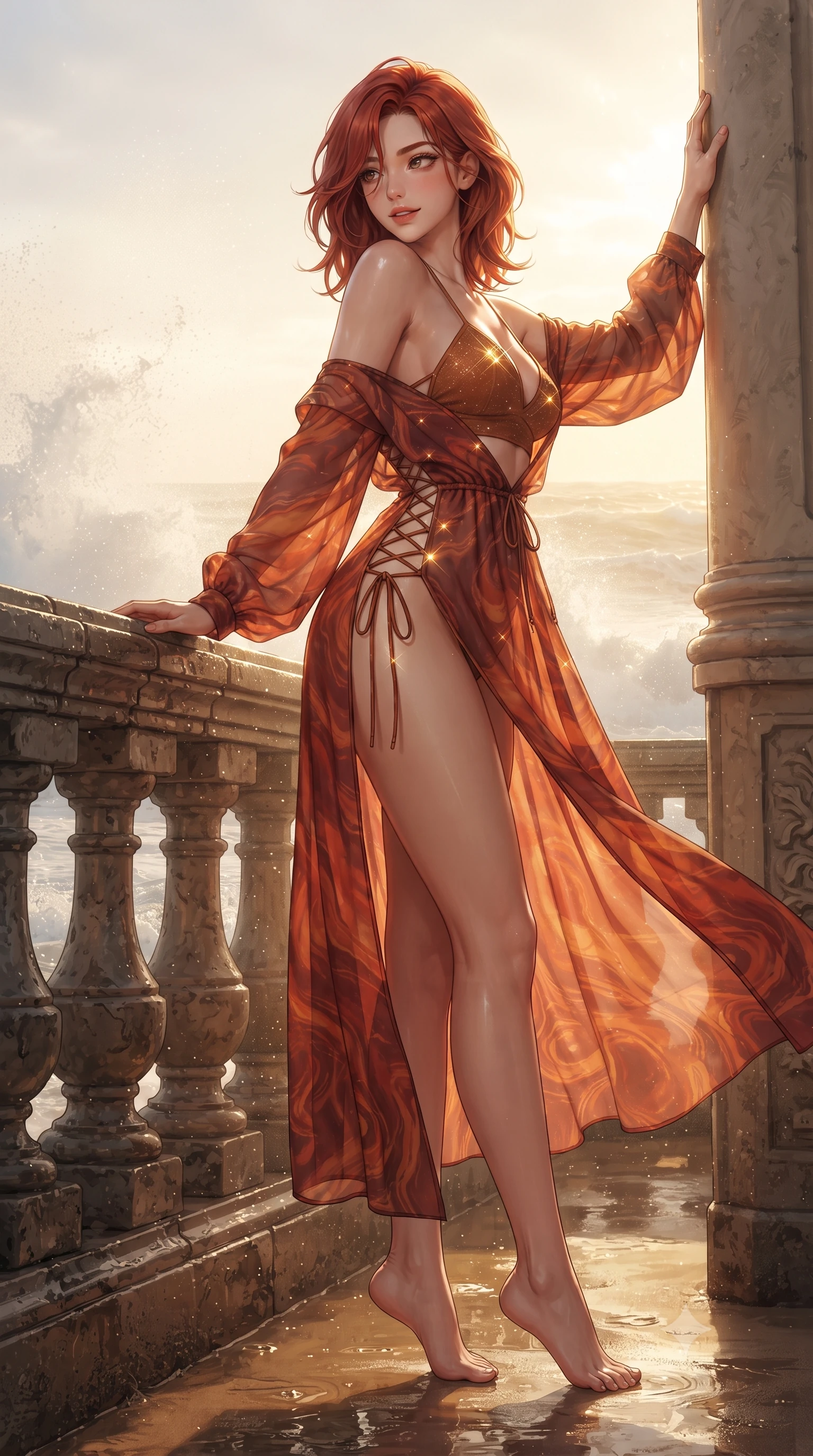 score_9, masterpiece, best quality, ultra-detailed, high-budget anime keyframe, editorial fashion photography, tasteful artistic composition, Korean woman. low angle full-body shot from head to toe showing her feet, filling the entire 9:16 vertical frame with her statuesque presence, stretching her vertical silhouette. standing tall beside the architectural column, one hand resting high while arching her lower back to emphasize her sculpted feminine hips and slender waist while leaning against the promenade stone balustrade with hips cocked back, looking back over a bare shoulder toward crashing surf. The surrounding environment is rendered in vivid detail and crisp panoramic clarity: sharp ocean wave crest foam texture, wet sand reflections, and stone promenade balustrade carvings in deep focus. She has an absolutely perfect, statuesque 8.5-heads proportion, an exceptionally tall and slender model-like female figure with impossibly long slender legs, an ultra-slim waist, a flat toned midriff, narrow delicate ribcage, and beautifully sculpted feminine hips creating a graceful, slim hourglass silhouette without any bulky heaviness. sharp v-shaped jawline, high-bridge nose, sparkling eyes with hypnotic seductive depth, thick curled eyelashes, glossy parted lips with a natural dewy peach sheen, alluring bedroom-eyes with an enchanting coquettish smile, exuding magnetic siren charisma and sophisticated glamour, flawlessly proportioned anatomical accuracy, strict slender model proportions, natural body alignment, perfectly sculpted long slender limbs, ultra-slim waistline, clean dynamic posture without body distortion. wearing a delicate sheer chiffon western duster robe slipping off bare shoulders over a matching strappy suede bralette in blazing desert sunset orange and deep canyon crimson, woven from stretch metallic lurex jersey casting radiant starlight glints across her silhouette, featuring fine criss-cross lace-up side ties revealing tantalizing glimpses of her hip curve, the precision-cut side openings and low-back scoop framing her graceful spine and the sensual sweep of her slim, toned hips. bathed in intense golden late afternoon sunlight breaking through Atlantic sea spray mist. ultra-reflective glossy finish, specular highlights, rich textural contrasts, high-contrast stereoscopic depth, volumetric dynamic lighting, 2k, ultra detail, master piece, 9:16 ratio