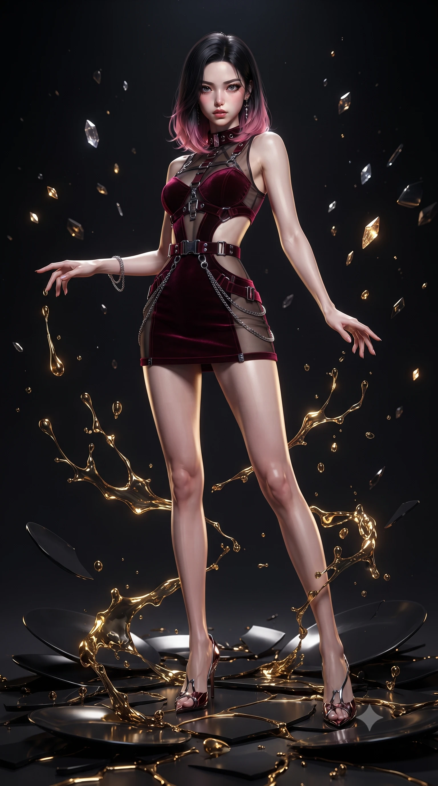 score_9, masterpiece, best quality, ultra-detailed, high-budget anime keyframe, editorial fashion photography, tasteful artistic composition, Korean woman. low angle full-body shot from head to toe showing her feet, filling the entire 9:16 vertical frame with her statuesque presence, stretching her vertical silhouette. interacting with floating dark crystal particles, her long slender legs poised in motion, guiding glowing gold liquid veins hovering between shattered black ceramic plates, viscous golden liquid droplets frozen mid-air with warm specular glints. She has an absolutely perfect, statuesque 8.5-heads proportion, an exceptionally tall and slender model-like female figure with impossibly long slender legs and an ultra-slim waist. sharp v-shaped jawline, high-bridge nose, intricate jewel-like eyes with depth, thick eyelashes, glossy lips with a natural sheen. wearing dramatic open-waist cutout mini dress in dark velvet framed by chrome hardware in deep crimson burgundy, made of sheer dark organza overlay, framed by dark titanium buckles and silver chain details, accentuating her gracefully sculpted slender torso. surrounded by pitch-black shadows illuminated by intense golden inner light. ultra-reflective glossy finish, specular highlights, metallic sheen, high-contrast stereoscopic depth, volumetric dynamic lighting, 2k, ultra detail, master piece, 9:16 ratio