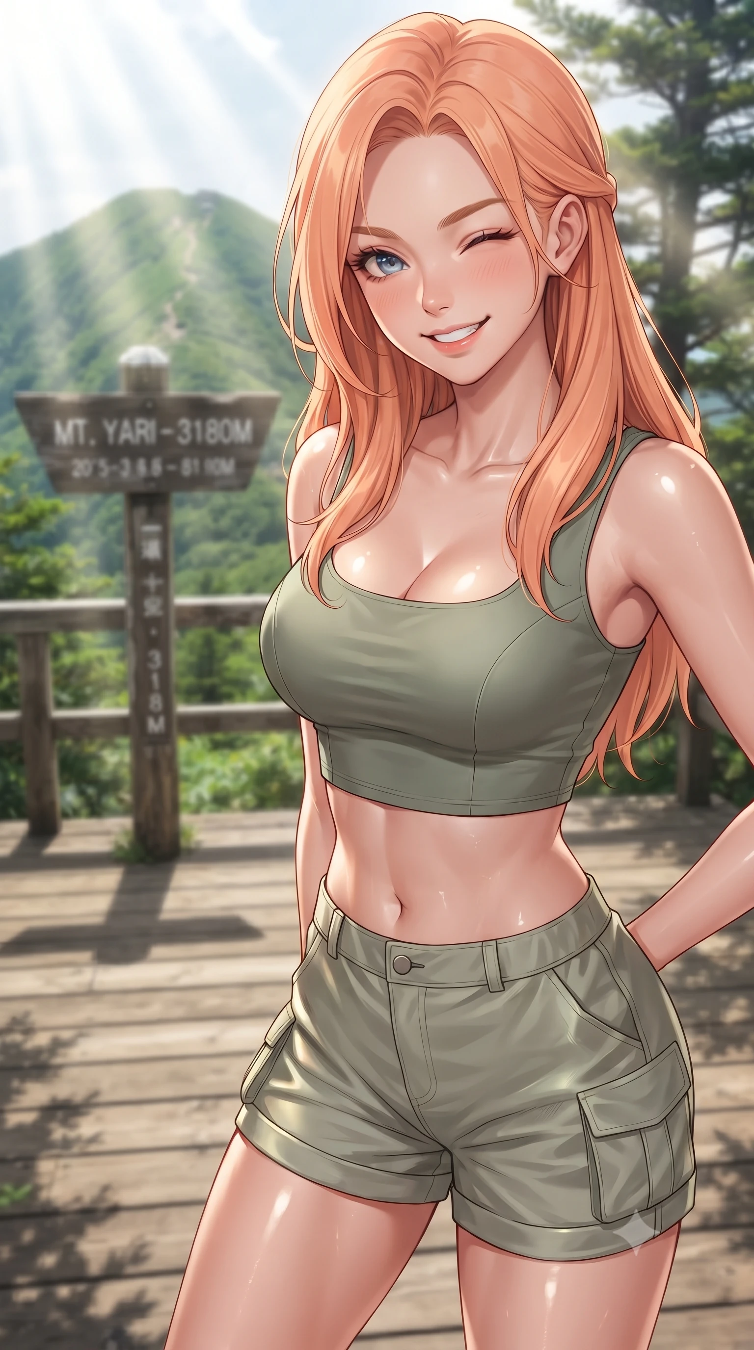 score_9, masterpiece, best quality, ultra-detailed, high-budget anime keyframe, editorial fashion photography, tasteful artistic composition, Japanese woman. close-up cowboy shot from the waist and thighs up, the character dominates the composition, filling the frame with her large presence, background elements kept in soft focus. smiling brightly with a cheerful expression, winking playfully at the viewer set against a soft-focus background of on a scenic wooden observation deck at the peak of a green mountain with a wooden trail marker sign showing coordinates behind her. She has an exceptionally elegant, slender, and willowy female figure with an ultra-slim waist, a gracefully sculpted slender torso, and a refined silhouette. sharp v-shaped jawline, high-bridge nose, intricate jewel-like eyes with depth, thick eyelashes, glossy lips with a natural sheen. wearing tailored stylish crop top in sage green, paired with lightweight cargo shorts. volumetric sunbeams slicing through the forest trees, creating light rays. ultra-reflective glossy finish, specular highlights, metallic sheen, high-contrast stereoscopic depth, volumetric dynamic lighting, 2k, ultra detail, master piece, 9:16 ratio