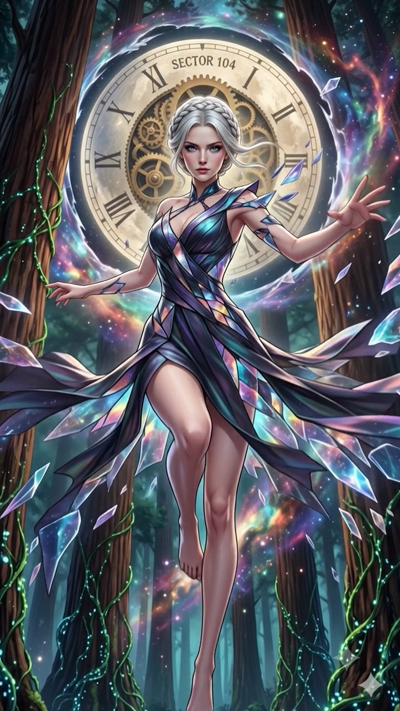 A mystical 8-second video featuring an ethereal woman floating in an ancient forest. Behind her, a massive glowing clock face with intricate rotating gears illuminates the scene. She wears a dark iridescent dress adorned with floating crystal shards.