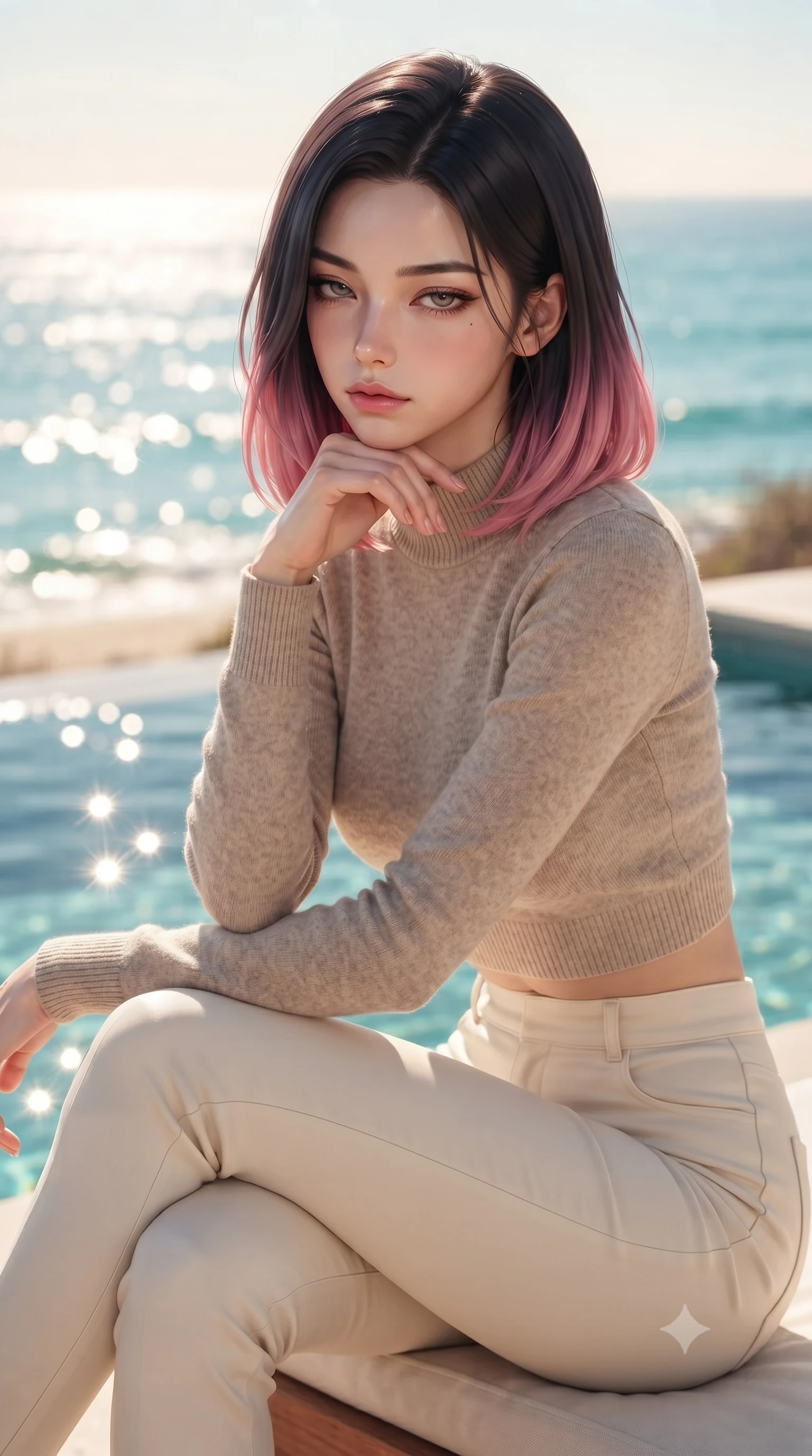 score_9, masterpiece, best quality, ultra-detailed, high-budget anime keyframe, editorial fashion photography, tasteful artistic composition, Korean woman. close-up cowboy shot from the waist and thighs up, the character dominates the composition, filling the frame with her large presence, background elements kept in soft focus. resting her chin on the backs of her fingers, casting a heavy-lidded, sultry look past the camera the background shows a soft-focus a private beachfront pool on a desert coast overlooking the turquoise ocean water. She has an exceptionally elegant, slender, and willowy female figure with an ultra-slim waist, a gracefully sculpted slender torso, and a refined silhouette. sharp v-shaped jawline, high-bridge nose, intricate jewel-like eyes with depth, thick eyelashes, glossy lips with a natural sheen. wearing a form-contouring tight-fitting crop sweater in oatmeal wool, paired with high-waisted form-fitting pants. bright morning sun rays creating sparkling glints on the sea and water pool. ultra-reflective glossy finish, specular highlights, metallic sheen, high-contrast stereoscopic depth, volumetric dynamic lighting, 2k, ultra detail, master piece, 9:16 ratio