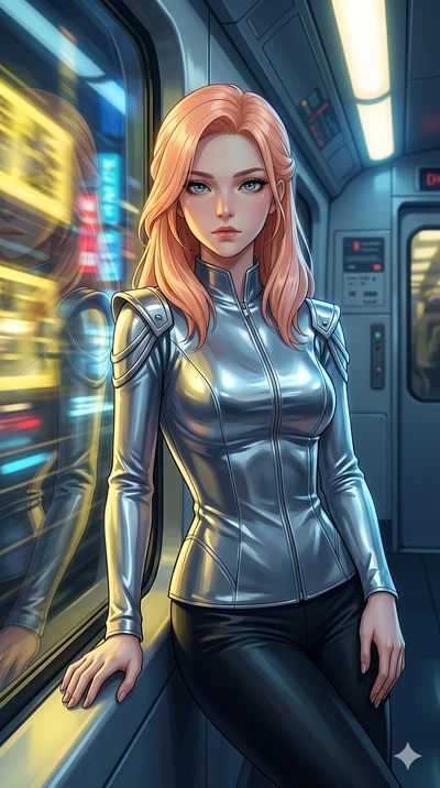 score_9, masterpiece, best quality, ultra-detailed, high-budget anime keyframe, Japanese woman. Upper body close-up from the thighs up, character filling the screen for maximum presence. She is leaning against a train window in a speeding magnetic tr
