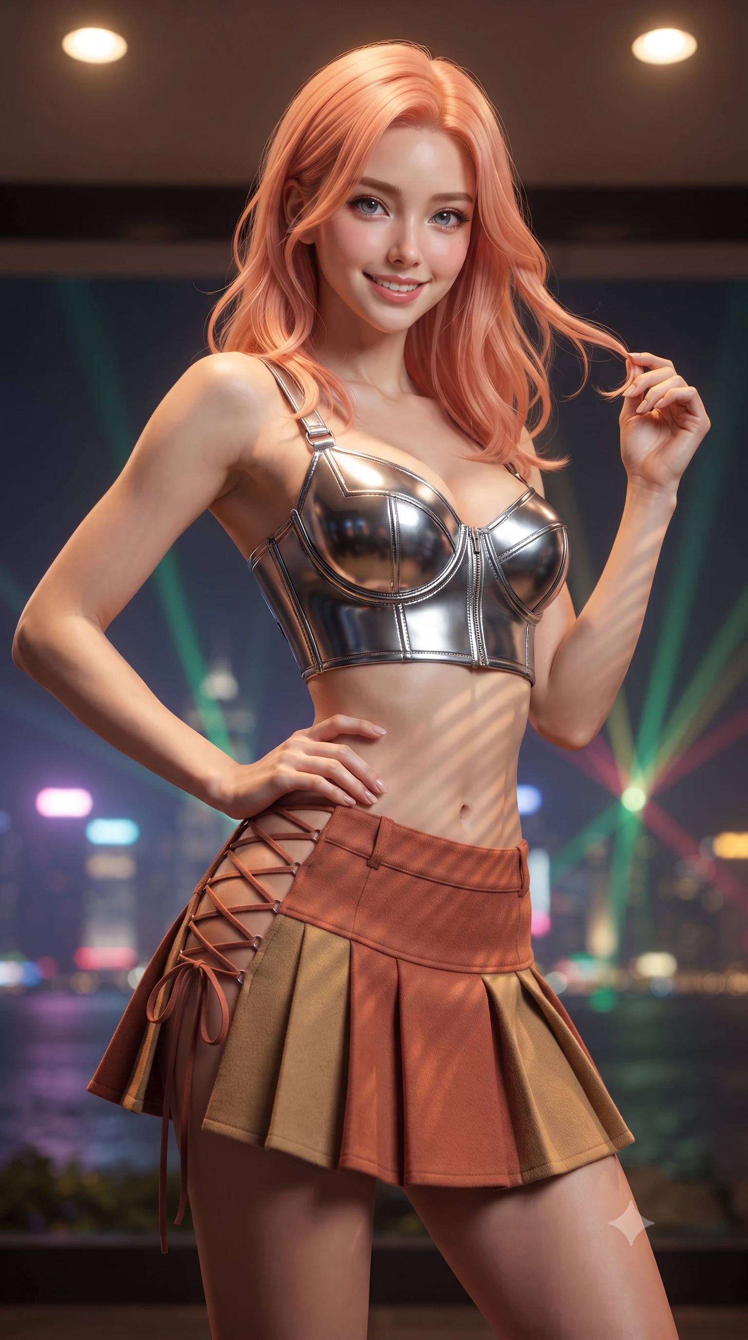 score_9, masterpiece, best quality, ultra-detailed, high-budget anime keyframe, editorial fashion photography, tasteful artistic composition, Japanese woman. close-up cowboy shot from the waist and thighs up, the character dominates the composition, filling the frame with her large presence. twisting her slender torso in an alluring contrapposto stance, one hand resting on her sculpted hip while her fingers toy with her hair with effortless poise while twisting her slender torso in an alluring contrapposto stance, distant laser sky-beams casting architectural shadow lines across her narrow waist and hips. The background shows a soft-focus infinite tapestry of neon skyscraper spires emerging from sea fog, laser light show beams across the harbor, blurred into emerald, rose, and gold bokeh. She has an exceptionally elegant, slender, and willowy female figure with an ultra-slim waist, flat toned midriff, narrow ribcage, and sculpted feminine hips creating an alluring, slim hourglass silhouette without bulk. sharp v-shaped jawline, high-bridge nose, intricate jewel-like sparkling eyes with depth, thick eyelashes, glossy parted lips with a natural peach sheen, bright cheerful beaming smile with an enchanting and coquettish sensual glint, exuding both youthful cute charm and seductive allure, flawlessly proportioned anatomical accuracy, strict slender model proportions, natural body alignment, perfectly sculpted long slender limbs, ultra-slim waistline, clean dynamic posture without body distortion. wearing a chrome-plated tactical combat bustier top with reinforced underwire paired with a low-rise pleated micro combat skirt in Martian desert terracotta and dust-storm gold, crafted from bespoke double-faced cashmere with an exceptionally soft tactile finish, featuring fine criss-cross lace-up side ties revealing tantalizing glimpses of her hip curve, the impeccably tailored cut draping gracefully along her slender figure with aristocratic poise. bathed in warm 2700K recessed ceiling spotlights combined with the cool multi-colored nightscape radiance of the harbor. ultra-reflective glossy finish, specular highlights, rich textural contrasts, high-contrast stereoscopic depth, volumetric dynamic lighting, 2k, ultra detail, master piece, 9:16 ratio