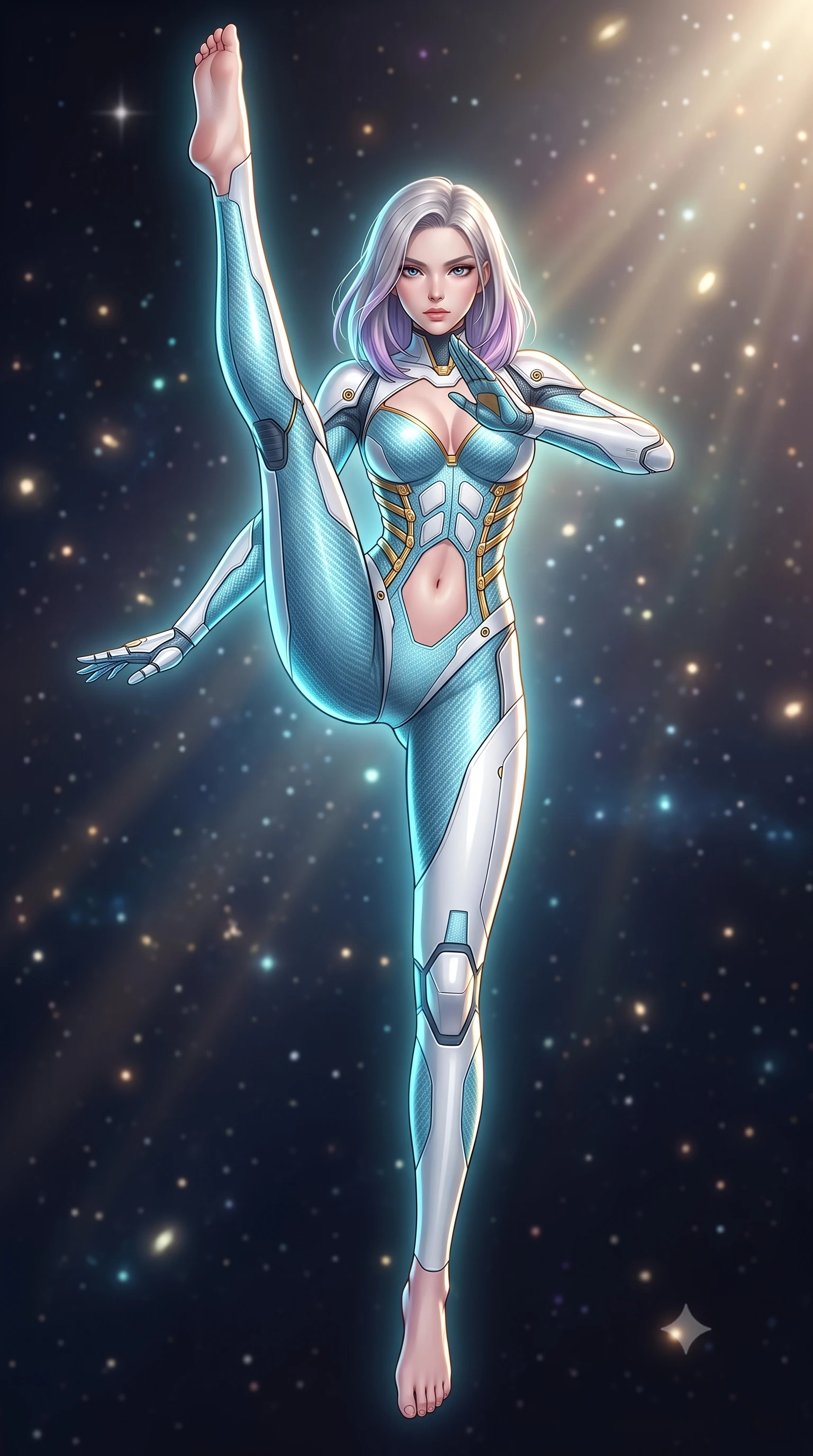 score_9, masterpiece, best quality, ultra-detailed, high-budget anime keyframe, semi-realistic 3D game render, editorial fashion photography, tasteful artistic composition, Caucasian woman. low angle full-body shot from head to toe showing her feet, filling the entire 9:16 vertical frame with her statuesque presence, stretching her vertical silhouette. executing a breathtaking zero-gravity high-kick with full 180-degree vertical extension, her impossibly long slender legs dominating the frame with razor-sharp poise while hovering weightlessly with one palm extended in a calm Panzer Kunst guard stance, gazing into the lens with divine focus. The composition keeps background elements in soft focus with creamy bokeh. distant starlight and solar flare rays scattering soft glowing light motes across a deep space backdrop. She has an absolutely perfect, statuesque 8.5-heads proportion, an exceptionally tall and slender model-like female figure with impossibly long slender legs, a toned flat midriff, and an ultra-slim waist. sharp v-shaped jawline, high-bridge nose, intricate jewel-like eyes with depth, thick eyelashes, glossy lips with a natural sheen, flawlessly proportioned anatomical accuracy, strict slender model proportions, natural body alignment, perfectly sculpted long slender limbs, ultra-slim waistline, clean dynamic posture without body distortion. wearing a precision-tailored high-fashion carbon-fiber corset bodysuit with gold mechanical rib boning and kinetic shock-dampening palms in glacial ice-cyan carbon mesh with pure white armor plates, crafted from ultra-strong woven carbon-fiber composite with a satin luster, finished with high-mobility flexible limb seams and miniature magnetic armor locks, the precision-cut daring openings accentuating her delicate midriff, graceful bare collarbones, and ultra-slim feminine waistline. surrounded by an awe-inspiring, serene, and radiantly supreme celestial martial goddess aura. rich saturated anime colors with glowing neon highlights, detailed shading with soft gradients, rich glossy textures, high-contrast stereoscopic depth, volumetric dynamic lighting, master piece, 9:16 ratio
