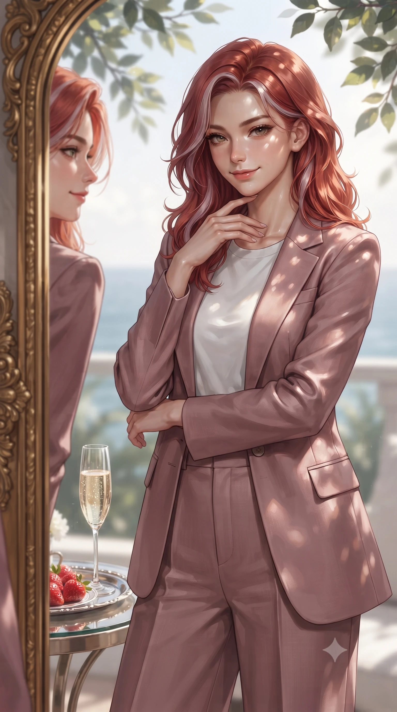 score_9, masterpiece, best quality, ultra-detailed, high-budget anime keyframe, editorial fashion photography, tasteful artistic composition, Caucasian woman. close-up cowboy shot from the waist and thighs up, the character dominates the composition, filling the frame with her large presence, background elements kept in soft focus. gazing into a gilded mirror reflection with a confident, sensual smile, tracing her neck contour set against a soft-focus background of inside an exclusive oceanfront balcony with a crystal glass of sparkling champagne and fresh strawberries on a silver tray. She has an exceptionally elegant, slender, and willowy female figure with an ultra-slim waist, a gracefully sculpted slender torso, and a refined silhouette. sharp v-shaped jawline, high-bridge nose, intricate jewel-like eyes with depth, thick eyelashes, glossy lips with a natural sheen. wearing form-contouring dusty rose soft linen tailored casual blazer paired with a loose tee and wide-leg trousers featuring refined tailored seams. highlighted by dappled sunlight filtering through leafy branches, creating soft organic patterns. ultra-reflective glossy finish, specular highlights, metallic sheen, high-contrast stereoscopic depth, volumetric dynamic lighting, 2k, ultra detail, master piece, 9:16 ratio