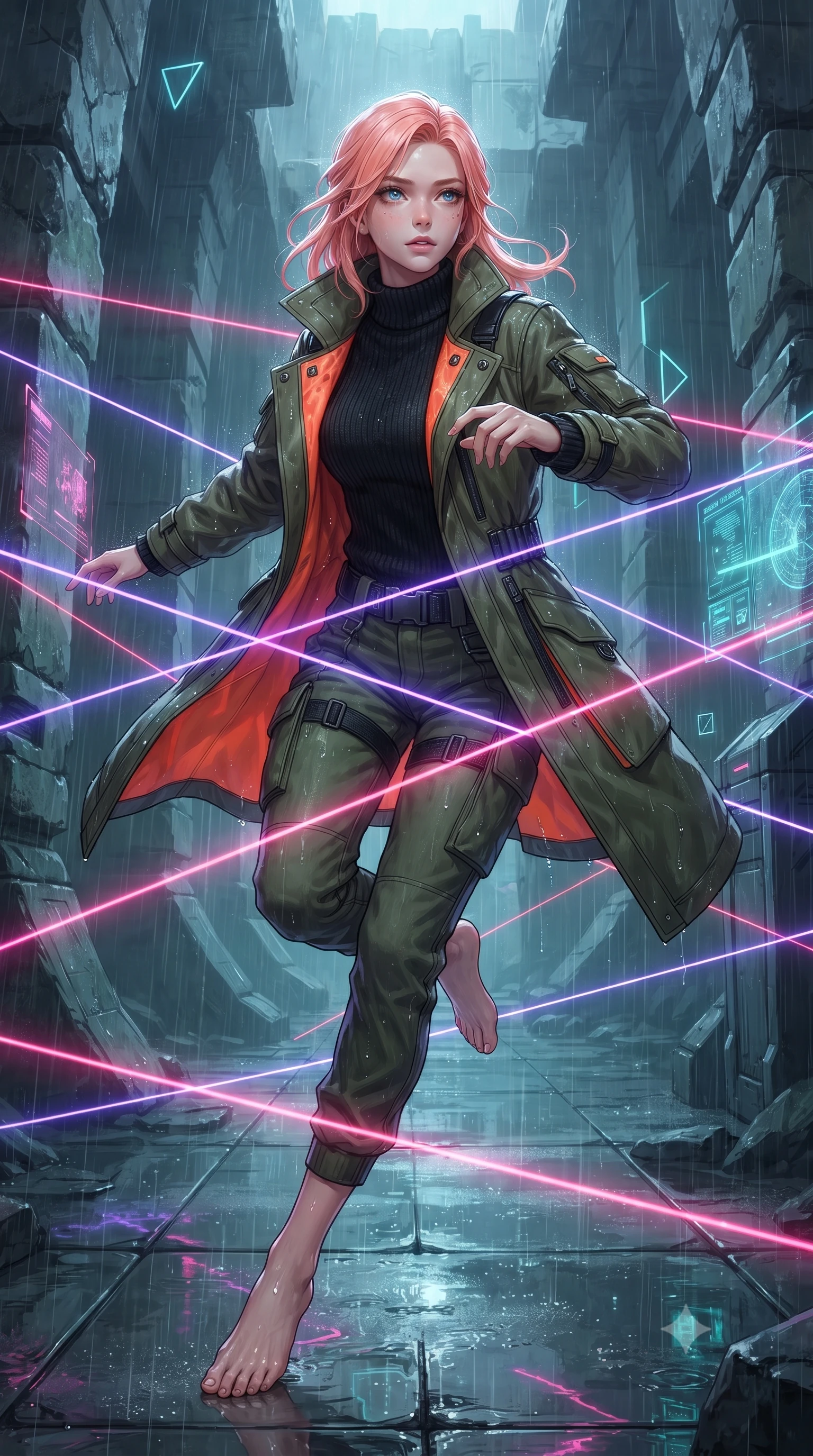 score_9, masterpiece, best quality, ultra-detailed, high-budget anime keyframe, editorial fashion photography, tasteful artistic composition, realistic cosplay photography, Japanese woman. low angle full-body shot from head to toe showing her feet, filling the entire 9:16 vertical frame with her statuesque presence, stretching her vertical silhouette. dashing through rain-slicked cyberpunk alleyways, dodging laser tripwires with fluid agility through a research station built onto ancient alien stone ruins floating in space, laser grids blocking corridors. She has a statuesque 8.5-heads proportion, an exceptionally tall, slender and willowy model-like build with impossibly long legs and a highly sculpted ultra-slim waist. sharp v-shaped jawline, high-bridge nose, intricate jewel-like eyes with depth, thick eyelashes, glossy lips with a natural sheen. wearing tailored for maximum mobility, sleek form-contouring panels that allow fluid movement, a body-hugging rugged cyber-detective trench coat in olive green tech-fabric with neon orange interior panels, over a black high-collar knit sweater and utility pants. laser lines of violet and hot pink reflecting off surfaces casting geometric neon highlights. ultra-reflective glossy finish, specular highlights, metallic sheen, high-contrast stereoscopic depth, volumetric dynamic lighting, 2k, ultra detail, master piece, 9:16 ratio