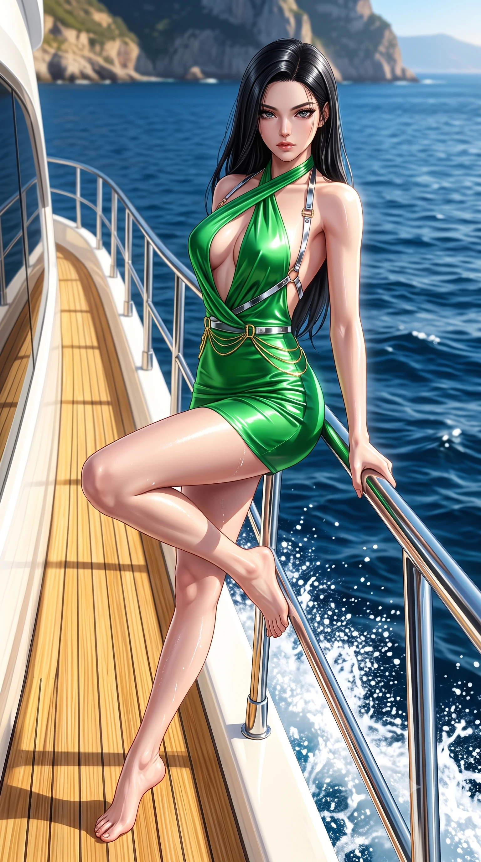 score_9, masterpiece, best quality, ultra-detailed, high-budget anime keyframe, semi-realistic 3D game render, editorial fashion photography, tasteful artistic composition, Korean woman. low angle full-body shot from head to toe showing her feet, filling the entire 9:16 vertical frame with her statuesque presence, stretching her vertical silhouette. performing an alluring mid-air vault with flawless poise, looking directly into the camera with smoldering intensity while leaning against a polished chrome handrail with a smoldering gaze as sea spray and sunlight trace her curves. The surrounding environment is rendered in vivid detail and crisp panoramic clarity. crisp golden teak deck wood grain, polished chrome yacht railings, and deep blue sea waves in deep focus. She has an absolutely perfect, statuesque 8.5-heads proportion, an exceptionally tall and slender model-like female figure with impossibly long slender legs, a toned flat midriff, and an ultra-slim waist. sharp v-shaped jawline, high-bridge nose, intricate jewel-like eyes with depth, thick eyelashes, glossy lips with a natural sheen, flawlessly proportioned anatomical accuracy, strict slender model proportions, natural body alignment, perfectly sculpted long slender limbs, ultra-slim waistline, clean dynamic posture without body distortion. wearing a form-contouring liquid satin halter-neck mini dress with a deep crossover cowl front, open back, and ultra-slender waist drape in bright emerald green satin and gold hardware, formed from high-gloss patent material with specular light reflections, reinforced by a sleek metallic chrome harness and delicate glowing micro-straps, the form-contouring material adhering flawlessly to her sculpted flat midriff and slender torso, emphasizing her long leg lines and perfectly proportioned willowy build. illuminated by intense white fill light and crisp specular highlights tracing her slender curves. highly saturated vibrant anime colors, detailed shading with soft gradients, rich glossy textures, high-contrast stereoscopic depth, volumetric dynamic lighting, master piece, 9:16 ratio