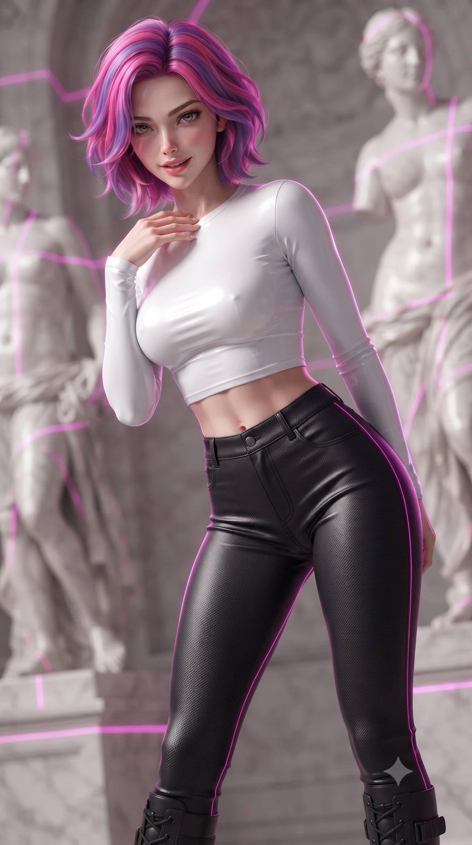 score_9, masterpiece, best quality, ultra-detailed, high-budget anime keyframe, editorial fashion photography, tasteful artistic composition, Caucasian woman. close-up cowboy shot from the waist and thighs up, the character dominates the composition, filling the frame with her large presence, background elements kept in soft focus. leaning slightly forward with a playful, teasing smile, her gaze locked onto the viewer with lips parted in a composed pose, the background shows a soft-focus an alabaster sculpture terrace with marble statues and magenta laser lines. She has an exceptionally elegant, slender, and willowy female figure with an ultra-slim waist, a gracefully sculpted slender torso, and a refined silhouette. sharp v-shaped jawline, high-bridge nose, intricate jewel-like eyes with depth, thick eyelashes, glossy lips with a natural sheen. wearing a slim-fit body-hugging long-sleeve tactical crop top in pure white, paired with high-waisted black carbon-weave skinny pants. magenta laser outline accents tracing the marble sculptures and her form. ultra-reflective glossy finish, specular highlights, metallic sheen, high-contrast stereoscopic depth, volumetric dynamic lighting, 2k, ultra detail, master piece, 9:16 ratio