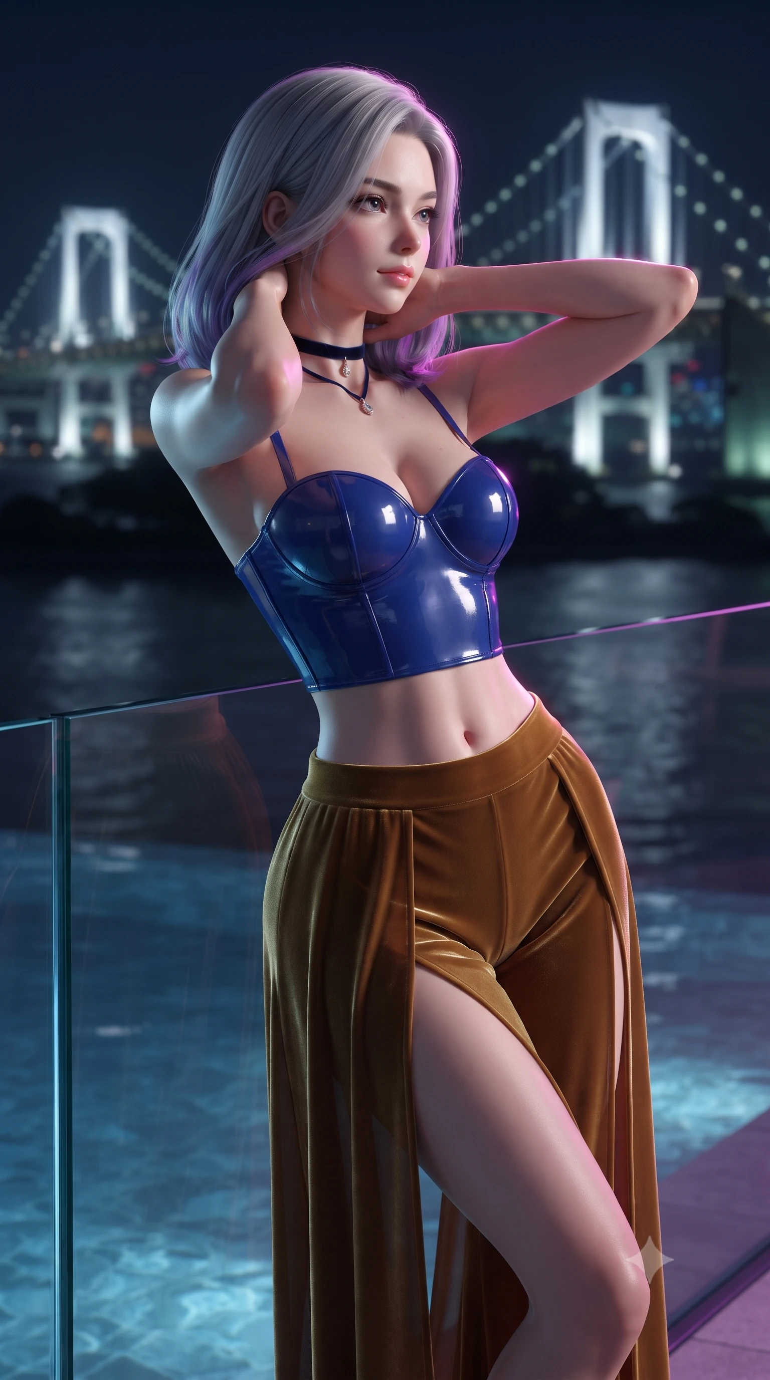 score_9, masterpiece, best quality, ultra-detailed, high-budget anime keyframe, editorial fashion photography, tasteful artistic composition, Caucasian woman. close-up cowboy shot from the waist and thighs up, the character dominates the composition, filling the frame with her large presence. resting both hands lightly behind her neck with elbows raised, arching her spine to highlight her narrow waist, flat midriff, and breathtaking collarbones while leaning against the frameless glass edge with hips cocked back, looking out toward the illuminated Rainbow Bridge with an intoxicating bedroom-gaze. The background shows a soft-focus infinity pool perimeter overflow softened in glamorous nocturnal bay shallow focus. She has an exceptionally elegant, slender, and willowy female figure with an ultra-slim waist, flat toned midriff, narrow ribcage, and sculpted feminine hips creating an alluring, slim hourglass silhouette without bulk. sharp v-shaped jawline, high-bridge nose, sparkling eyes with hypnotic seductive depth, thick curled eyelashes, glossy parted lips with a natural dewy peach sheen, alluring bedroom-eyes with an enchanting coquettish smile, exuding magnetic siren charisma and sophisticated glamour, flawlessly proportioned anatomical accuracy, strict slender model proportions, natural body alignment, perfectly sculpted long slender limbs, ultra-slim waistline, clean dynamic posture without body distortion. wearing a wet-look form-fitting vinyl bustier paired with sheer chiffon high-slit wide-leg trousers in royal lapis lazuli and burnished brass, tailored from ultra-plush velvet with rich tactile depth and deep shadow gradients, finished with a thin velvet ribbon choker and a single teardrop diamond pendant, the glove-like clinging cut tightly following the natural contour of her hips and long slender legs with youthful 8.5-heads elegance. illuminated by bay water surface reflections and sharp magenta-cyan rim lights defining her delicate clavicles, narrow waist, and curvy hips. ultra-reflective glossy finish, specular highlights, rich textural contrasts, high-contrast stereoscopic depth, volumetric dynamic lighting, 2k, ultra detail, master piece, 9:16 ratio