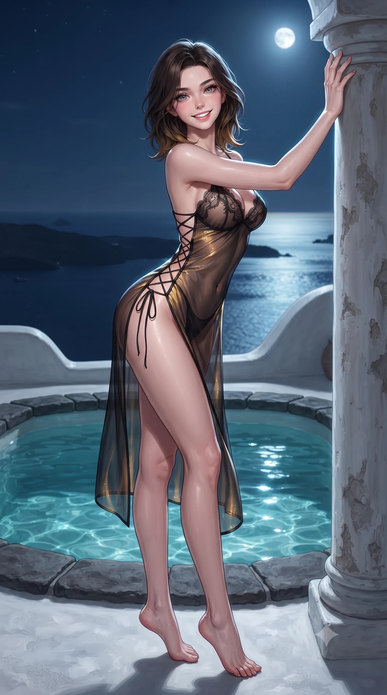 score_9, masterpiece, best quality, ultra-detailed, high-budget anime keyframe, editorial fashion photography, tasteful artistic composition, Korean woman. low angle full-body shot from head to toe showing her feet, filling the entire 9:16 vertical frame with her statuesque presence, stretching her vertical silhouette. standing tall beside the architectural column, one hand resting high while arching her lower back to emphasize her sculpted feminine hips and slender waist while standing poised on the whitewashed volcanic stone terrace beside the heated cave plunge pool, arching her spine with effortless siren poise as moonlight shimmers on the Aegean caldera. The surrounding environment is rendered in vivid detail and crisp panoramic clarity: sharp hand-plastered whitewashed stucco texture, volcanic stone pool coping, and clear turquoise water ripples in deep focus. She has an exceptionally tall and slender model-like 8.5-heads proportion, an ultra-slim waist, a flat toned midriff, narrow delicate ribcage, and beautifully sculpted feminine hips creating a graceful, slim hourglass silhouette without any bulky heaviness, with impossibly long slender legs. sharp v-shaped jawline, high-bridge nose, intricate jewel-like sparkling eyes with depth, thick eyelashes, glossy parted lips with a natural peach sheen, bright cheerful beaming smile with an enchanting and coquettish sensual glint, exuding both youthful cute charm and seductive allure, flawlessly proportioned anatomical accuracy, strict slender model proportions, natural body alignment, perfectly sculpted long slender limbs, ultra-slim waistline, clean dynamic posture without body distortion. wearing an alluring sheer silk chiffon slip with delicate eyelash lace cups and high side leg slits in Cheongdam modern noir black and molten gold, crafted from translucent silk organza with an ethereal crystalline sheen, featuring fine criss-cross lace-up side ties revealing tantalizing glimpses of her hip curve, the high-slit wrap tailoring accentuating her ultra-slim waistline and the enchanting curve of her feminine hips with alluring seductive charm. illuminated by water surface reflection bounce and sharp platinum-cyan rim lights defining her jawline, flat midriff, and feminine hips. ultra-reflective glossy finish, specular highlights, rich textural contrasts, high-contrast stereoscopic depth, volumetric dynamic lighting, 2k, ultra detail, master piece, 9:16 ratio