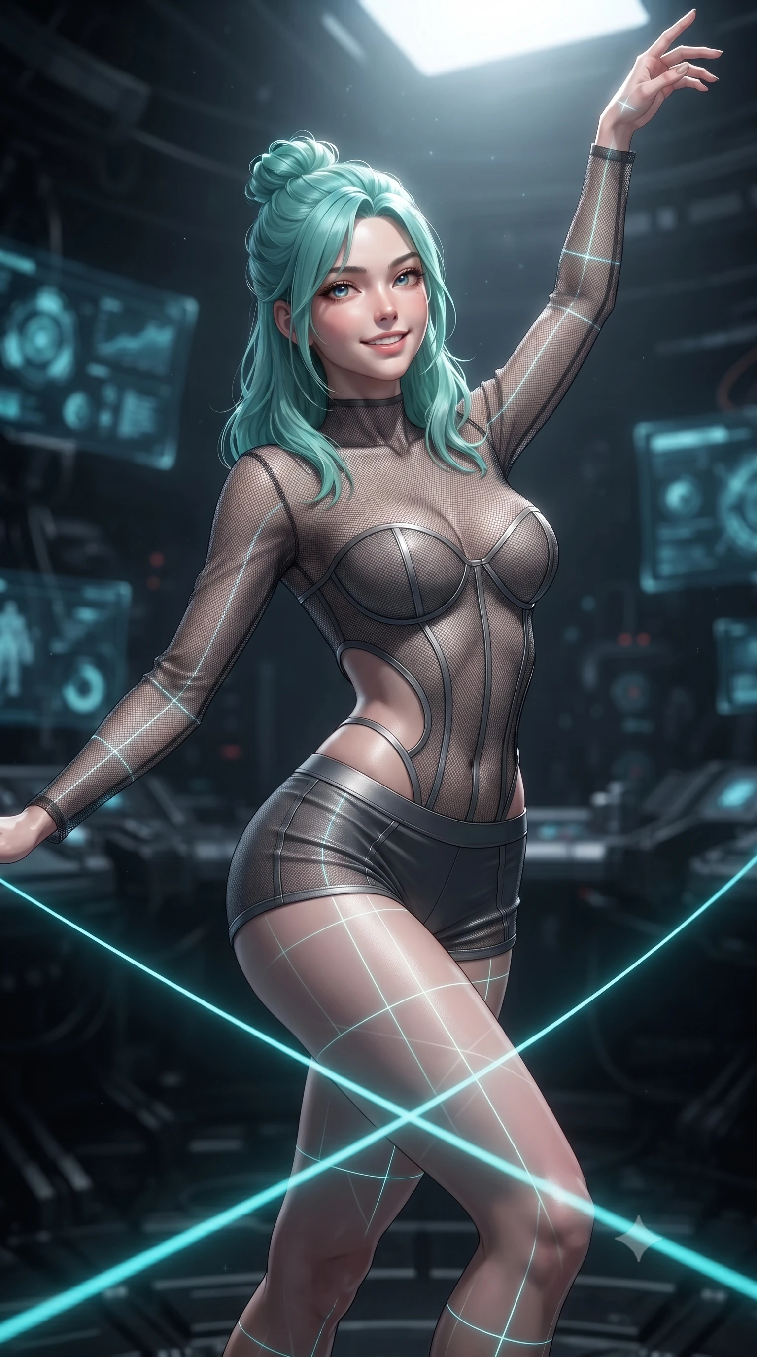score_9, masterpiece, best quality, ultra-detailed, high-budget anime keyframe, editorial fashion photography, tasteful artistic composition, Japanese woman. close-up cowboy shot from the waist and thighs up, the character dominates the composition, filling the frame with her large presence, background elements kept in soft focus. Extending one arm in an elegant stretch toward the light while smiling with magnetic self-assurance while balancing dynamically on a high-tension cyan laser wire in a dark cybernetic arena, laser lines casting precise geometric grid highlights on her athletic form. She has an exceptionally elegant, slender, and willowy female figure with an ultra-slim waist, a gracefully sculpted slender torso, and a refined silhouette. sharp v-shaped jawline, high-bridge nose, intricate jewel-like eyes with depth, thick eyelashes, glossy lips with a natural sheen, flawlessly proportioned anatomical accuracy, natural body alignment, perfectly sculpted elegant limbs, clean dynamic posture without body distortion. wearing a delicate see-through mesh top with structured cup boning and micro-shorts in charcoal grey and platinum, woven from fine semi-opaque sheer organza, featuring clean architectural cutouts along her slender torso, the form-contouring material highlighting her ultra-slim waist and long lines. illuminated by radiant holographic displays and intense laser beam highlights. ultra-reflective glossy finish, specular highlights, metallic sheen, high-contrast stereoscopic depth, volumetric dynamic lighting, 2k, ultra detail, master piece, 9:16 ratio