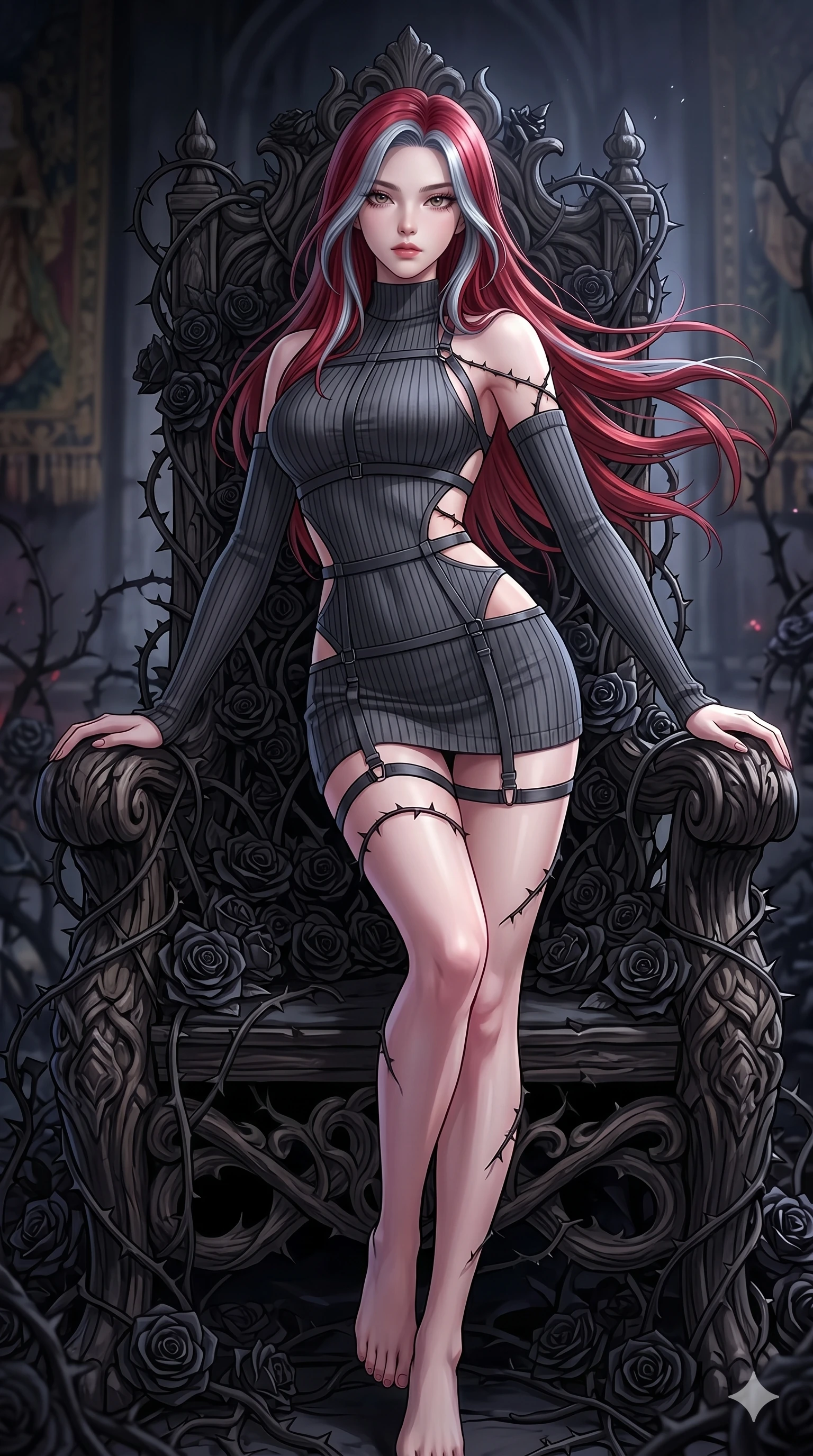 score_9, masterpiece, best quality, ultra-detailed, High-budget Anime Keyframe, East Asian woman. Dynamic full-body shot stretching the vertical silhouette to the limit. Scenario 90: Resting on a throne of black roses, thorns grazing her skin. Her presence is magnetic and overpowering in this high-budget anime scene. Outfit 90: A ribbed bodycon knit garter with a strategic side cut-outs and tight-fitting silhouette. The clothing is designed to emphasize her exceptionally tall and slender 8-heads proportion. 8-heads proportion, towering silhouette, ultra-slim waist. sharp v-shaped jawline, intricate jewel-like eyes with depth, thick eyelashes, glossy lips. 2k, ultra detail, master piece, 9:16 ratio
