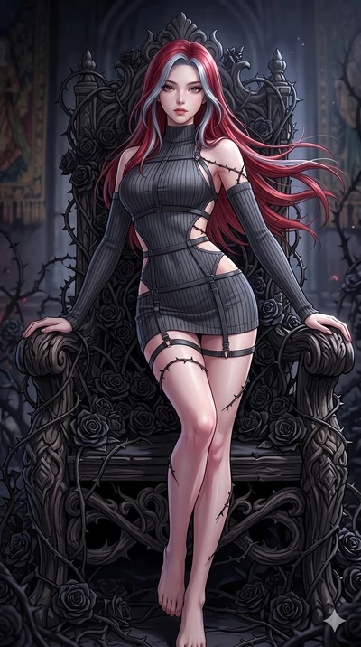 score_9, masterpiece, best quality, ultra-detailed, High-budget Anime Keyframe, East Asian woman. Dynamic full-body shot stretching the vertical silhouette to the limit. Scenario 90: Resting on a throne of black roses, thorns grazing her skin. Her pr