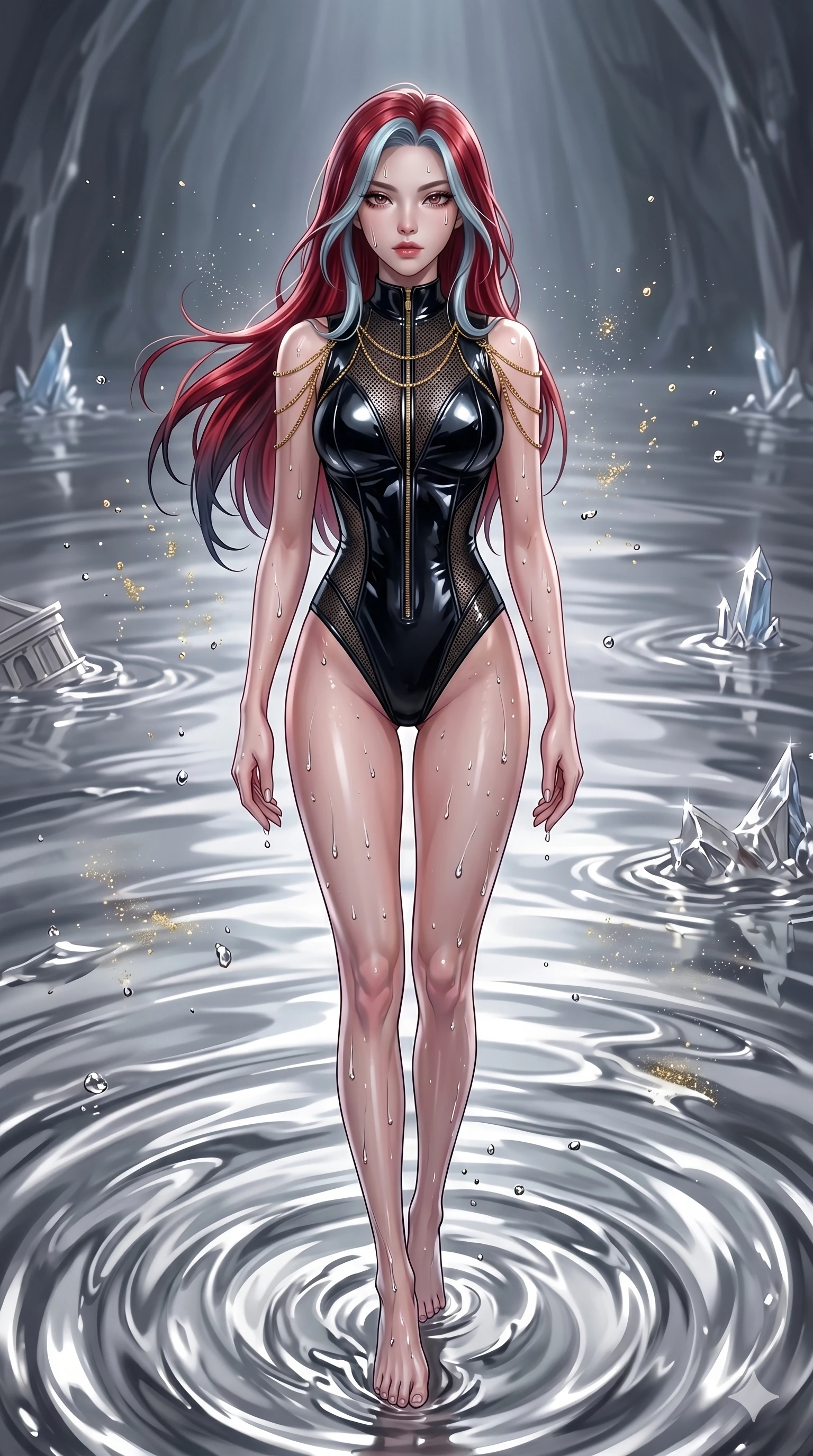 score_9, masterpiece, best quality, ultra-detailed, High-budget Anime Keyframe, East Asian woman. Dynamic full-body shot stretching the vertical silhouette to the limit. Scenario 94: Rising from a pool of mercury-like liquid, droplets rolling off her skin. Her presence is magnetic and overpowering in this high-budget anime scene. Outfit 94: A patent leather micro-mesh with a unzipped detail and fine gold chains. The clothing is designed to emphasize her exceptionally tall and slender 8-heads proportion. 8-heads proportion, towering silhouette, ultra-slim waist. sharp v-shaped jawline, intricate jewel-like eyes with depth, thick eyelashes, glossy lips. 2k, ultra detail, master piece, 9:16 ratio
