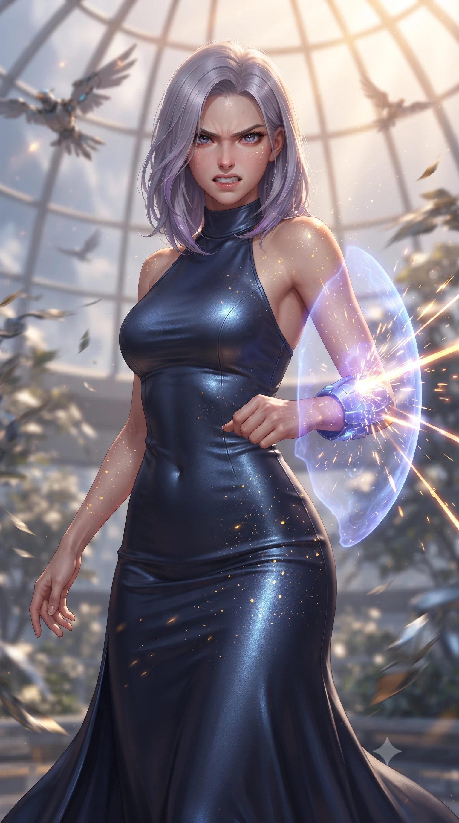 score_9, masterpiece, best quality, ultra-detailed, high-budget anime keyframe, editorial fashion photography, tasteful artistic composition, realistic cosplay photography, Caucasian woman, strictly human ears. close-up cowboy shot from the waist and thighs up, the character dominates the composition, filling the frame with her large presence, background elements kept in soft focus. Deflecting incoming plasma bolts with a glowing energy shield attached to her forearm, teeth grit in determination. set against a soft-focus background of a clean park inside a dome where mechanical birds fly and metallic foliage moves in breeze. She has an exceptionally elegant and slender, willowy female figure with an ultra-slim waist, a gracefully sculpted slender torso, and a refined slim physique. sharp v-shaped jawline, high-bridge nose, intricate jewel-like eyes with depth, thick eyelashes, glossy lips with a natural sheen. wearing catching and diffusing the glowing particles, shimmering softly in response to the surrounding light, a form-contouring elegant bodycon evening gown in midnight blue silk with a subtle metallic sheen, featuring a high halter collar and a floor-sweeping silhouette. simulated warm sunbeams reflecting off silver leaves, creating golden speckles. ultra-reflective glossy finish, specular highlights, metallic sheen, high-contrast stereoscopic depth, volumetric dynamic lighting, 2k, ultra detail, master piece, 9:16 ratio