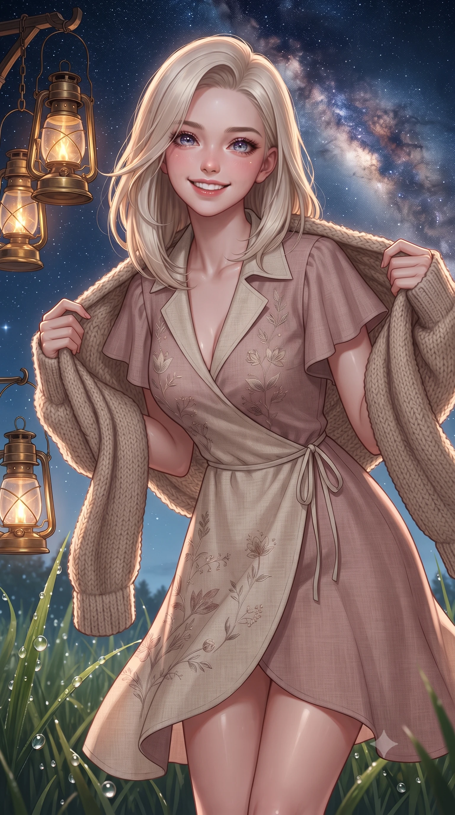 score_9, masterpiece, best quality, ultra-detailed, high-budget anime keyframe, editorial fashion photography, tasteful artistic composition, Caucasian woman. close-up cowboy shot from the waist and thighs up, the character dominates the composition, filling the frame with her large presence. radiating a joyful bright smile with sparkling jewel-like eyes and pure charming energy, leaning forward with playful grace while wrapping a cozy knitted shawl around her shoulders while looking into the camera with an intimate, lovely smile. The surrounding environment is rendered in vivid detail and crisp panoramic clarity. intricate brass lantern details, dew-kissed grass blades, and vivid galactic dust lanes in panoramic clarity. She has an exceptionally elegant, slender, and willowy female figure with an ultra-slim waist, a gracefully sculpted slender torso, toned flat midriff, and a refined slim silhouette. sharp v-shaped jawline, high-bridge nose, intricate jewel-like eyes with depth, thick eyelashes, glossy lips with a natural sheen, pure and lovely fresh girlhood expression, flawlessly proportioned anatomical accuracy, strict slender model proportions, natural body alignment, perfectly sculpted long slender limbs, ultra-slim waistline, clean dynamic posture without body distortion. wearing a romantic wrap-style linen sundress with subtle botanical embroidery and a dainty waist tie in soft dusty rose and oatmeal beige, tailored from crisp organic cotton poplin, featuring elegant flutter sleeves and a graceful open collar, the soft airy drape swaying gracefully with her dynamic movements, emphasizing her tall willowy build and slim waistline. illuminated by soft celestial starlight and lantern rim light defining her slender, elegant silhouette. ultra-reflective glossy finish, specular highlights, rich natural textures, high-contrast stereoscopic depth, volumetric dynamic lighting, 2k, ultra detail, master piece, 9:16 ratio