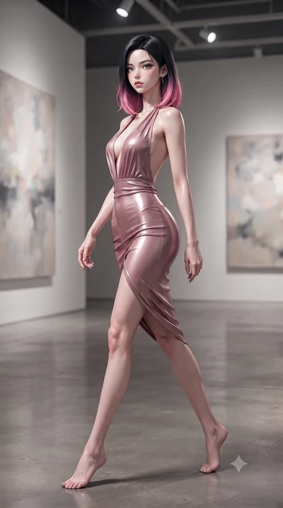 score_9, masterpiece, best quality, ultra-detailed, high-budget anime keyframe, editorial fashion photography, tasteful artistic composition, Korean woman woman. low angle full-body shot from head to toe showing her feet, filling the entire 9:16 vert