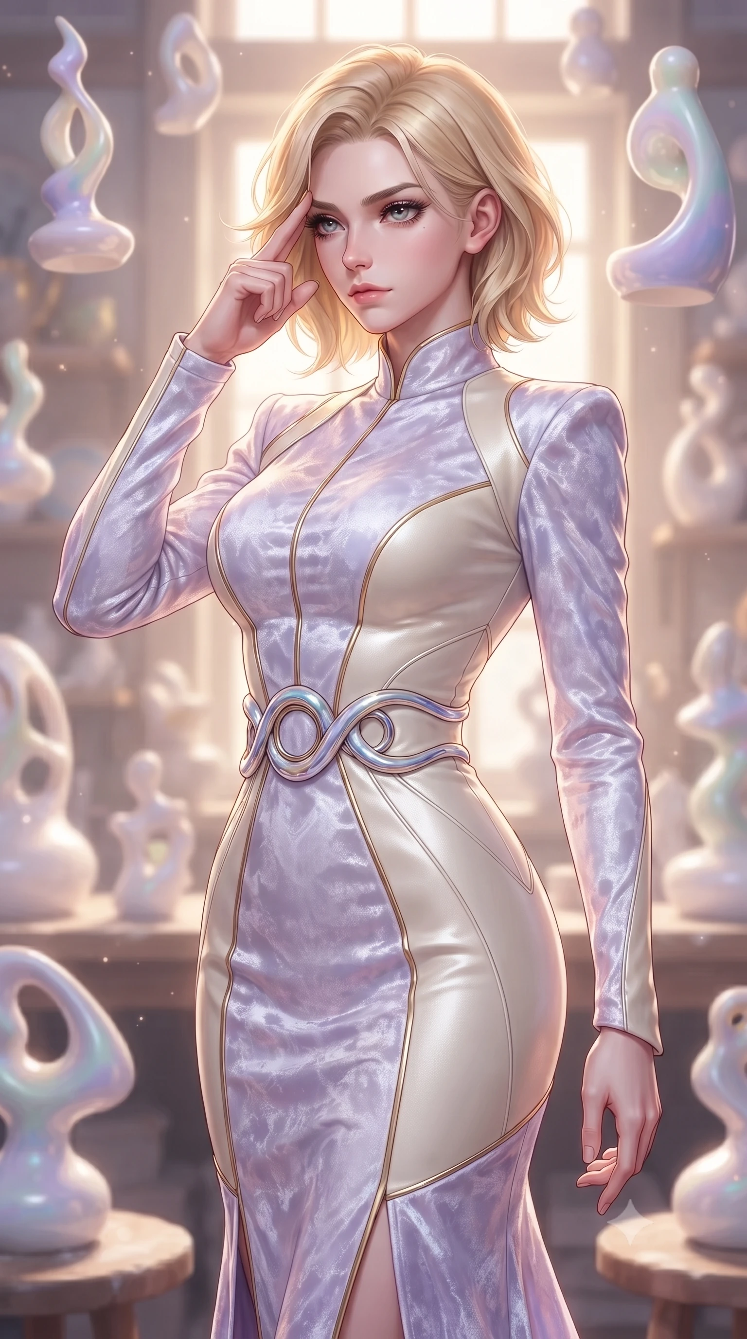 score_9, masterpiece, best quality, ultra-detailed, high-budget anime keyframe, editorial fashion photography, tasteful artistic composition, Caucasian woman. close-up cowboy shot from the waist and thighs up, the character dominates the composition, filling the frame with her large presence, background elements kept in soft focus. Pressing two fingers to her temple in a composed, sharp thoughtful gesture, inside a sunlit artisan workshop filled with floating opal-glazed porcelain sculptures, artisanal elegance in her composed, intelligent gesture. She has an exceptionally elegant, slender, and willowy female figure with an ultra-slim waist, a gracefully sculpted slender torso, and a refined silhouette. sharp v-shaped jawline, high-bridge nose, intricate jewel-like eyes with depth, thick eyelashes, glossy lips with a natural sheen. wearing sculpted form-fitting crushed white velvet column gown in pastel lavender violet, made of polished ivory leather, accented with sculpted opal chrome rings at the waist, following her slender form with tailored precision. surrounded by a soft radiant inner glow and crisp metallic gold highlights. highly saturated vibrant anime colors, detailed shading with soft gradients, rich glossy textures, high-contrast stereoscopic depth, volumetric dynamic lighting, master piece, 9:16 ratio