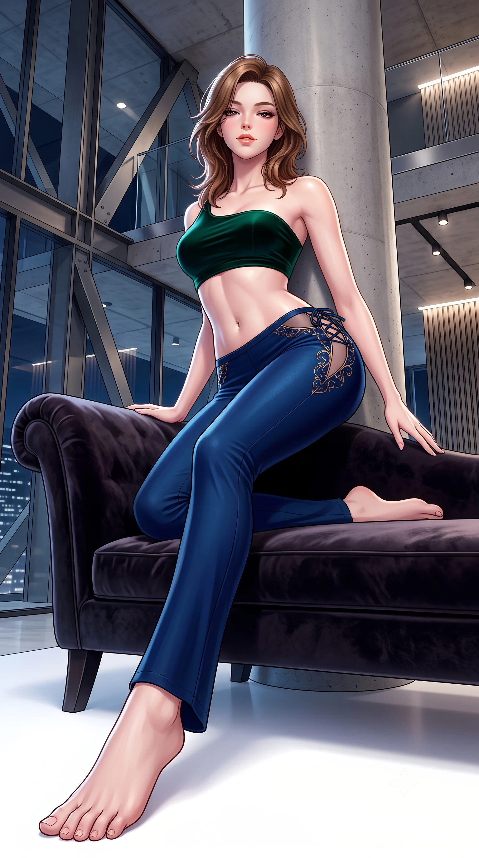 score_9, masterpiece, best quality, ultra-detailed, high-budget anime keyframe, semi-realistic 3D game render, editorial fashion photography, tasteful artistic composition, Korean woman. low angle full-body shot from head to toe showing her feet, filling the entire 9:16 vertical frame with her statuesque presence, stretching her vertical silhouette. reclining gracefully across the plush chaise lounge with one leg extended, her sculpted silhouette and flat midriff radiating magnetic nocturnal glamour while leaning against a smooth concrete architectural pillar with hips cocked back, casting an intoxicating, heavy-lidded high-fashion gaze. The surrounding environment is rendered in vivid detail and crisp panoramic clarity: detailed architectural dress cutout lines, glossy lip sheen, and Swiss contemporary architecture in razor-sharp precision. She has an absolutely perfect, statuesque 8.5-heads proportion, an exceptionally tall and slender model-like female figure with impossibly long slender legs, an ultra-slim waist, a flat toned midriff, narrow delicate ribcage, and beautifully sculpted feminine hips creating a graceful, slim hourglass silhouette without any bulky heaviness. sharp v-shaped jawline, high-bridge nose, sparkling eyes with hypnotic seductive depth, thick curled eyelashes, glossy parted lips with a natural dewy peach sheen, alluring bedroom-eyes with an enchanting coquettish smile, exuding magnetic siren charisma and sophisticated glamour, flawlessly proportioned anatomical accuracy, strict slender model proportions, natural body alignment, perfectly sculpted long slender limbs, ultra-slim waistline, clean dynamic posture without body distortion. wearing a form-contouring one-shoulder minimalist bandeau top paired with low-rise tailored trousers with sheer hip cutouts in deep emerald velvet and dark sapphire with gold filigree, crafted from smooth liquid-tight stretch jersey emphasizing every curve of her body, finished with fine criss-cross lace-up side ties revealing tantalizing glimpses of her hip curve, the form-contouring silhouette accentuating her sculpted flat midriff, narrow delicate ribcage, and gracefully curvy hips with intoxicating allure. illuminated by white floor bounce fill and sharp platinum rim lights sculpting her razor-sharp jawline, narrow waist, and curvy hips. highly saturated vibrant anime colors, detailed shading with soft gradients, rich glossy textures, high-contrast stereoscopic depth, volumetric dynamic lighting, master piece, 9:16 ratio