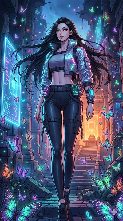 score_9, masterpiece, best quality, ultra-detailed, high-budget anime movie keyframe, cinematic anime lighting, intricate line art, Korean woman. Low angle cowboy shot filling the entire 9:16 frame with her statuesque presence. exploring lost ruins i