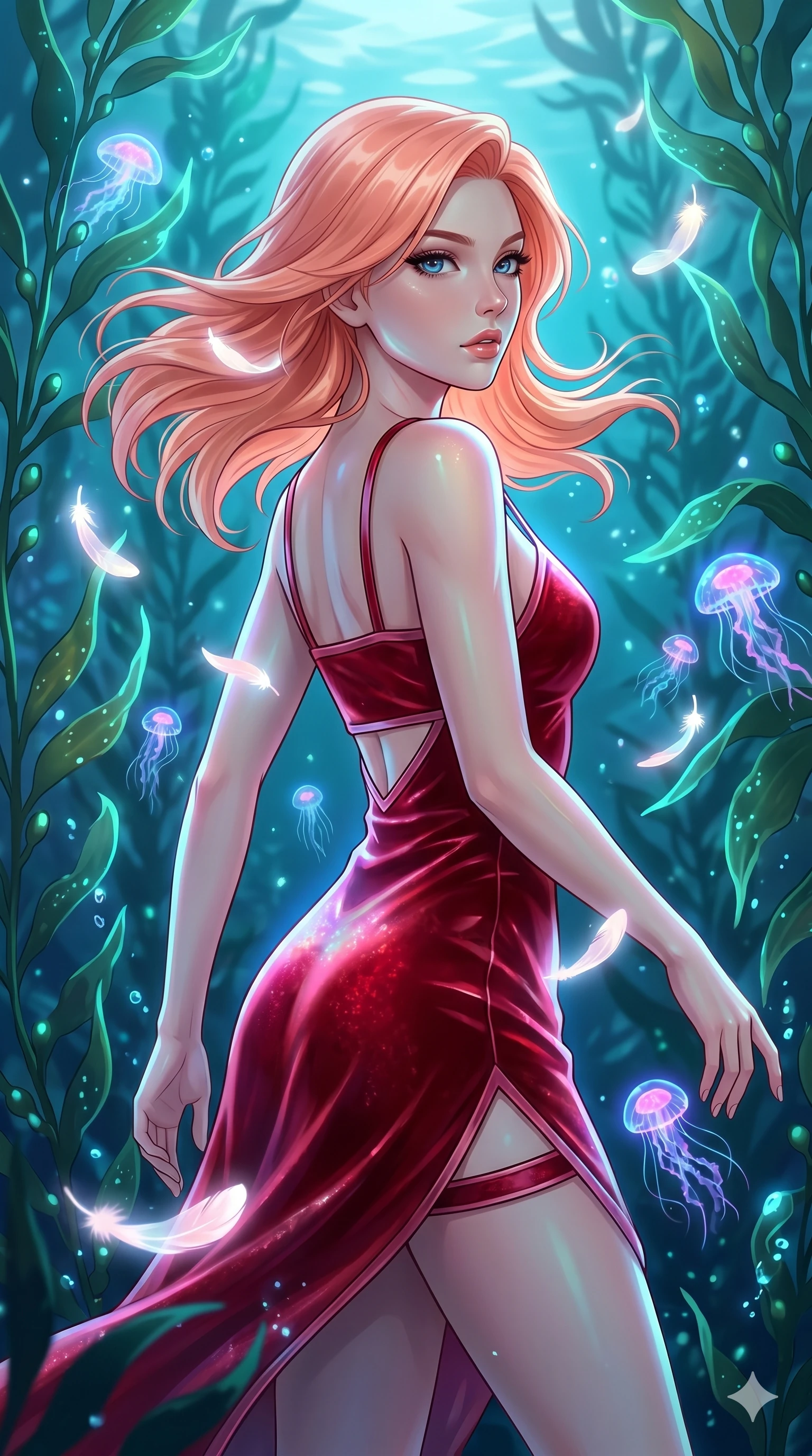 score_9, masterpiece, best quality, ultra-detailed, high-budget anime keyframe, editorial fashion photography, tasteful artistic composition, Japanese woman. upper body close-up from the thighs up, character filling the screen for maximum presence. twisting her body around inside a bioluminescent kelp forest with neon jellyfish dancing in the currents as soft white feathers made of light drift gently around her. She has an absolutely perfect 8-heads proportion, an exceptionally tall and slender female figure with impossibly long slender legs and an ultra-slim waist. V-shaped jawline, high-bridge nose, intricate jewel-like eyes with depth, thick eyelashes, glossy lips with a natural sheen.. wearing an asymmetric liquid velvet slip dress, featuring a wet-look deep crimson red velvet one-shoulder mini slip with asymmetric geometric cutout trim. enhanced by a luminous pastel spectrum glow, casting elegant rim lights on her shoulders and jawline. 2k, ultra detail, master piece, 9:16 ratio