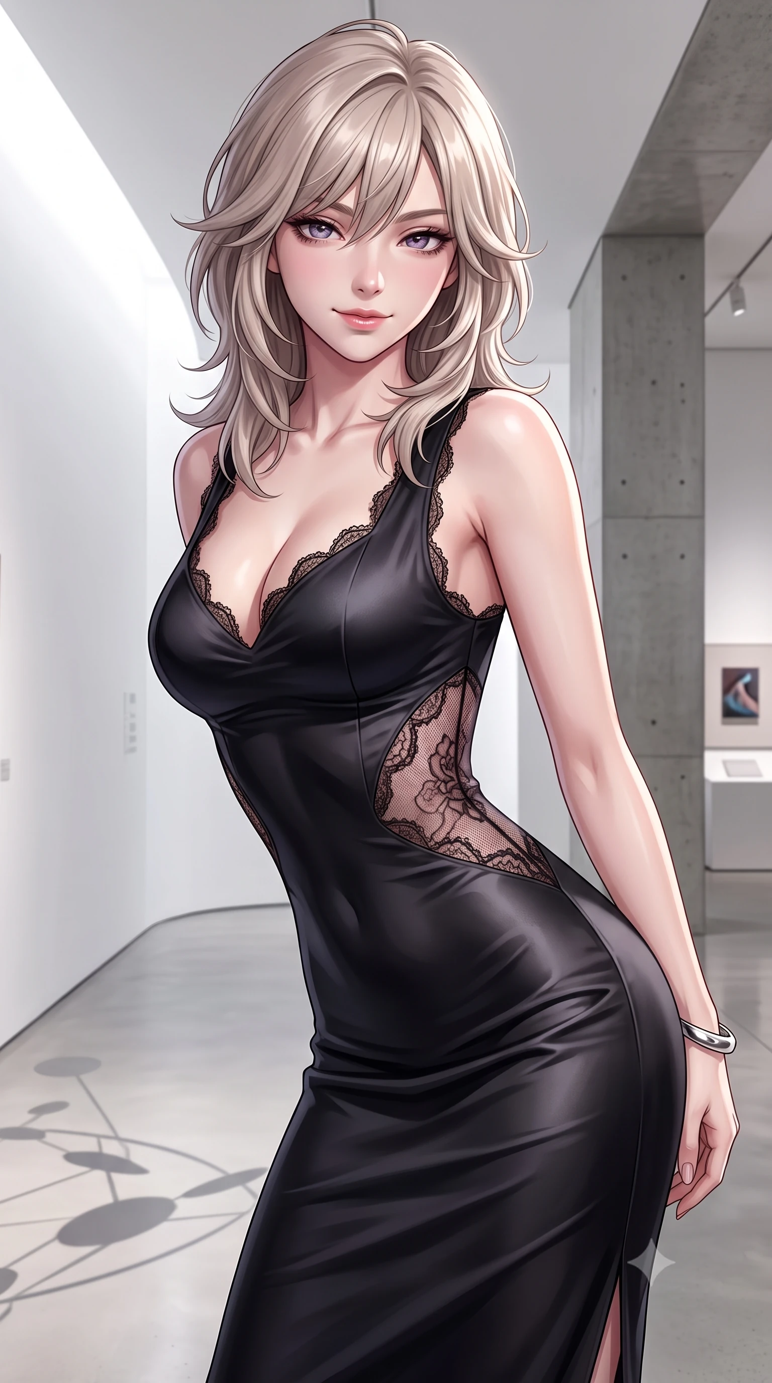 score_9, masterpiece, best quality, ultra-detailed, high-budget anime keyframe, semi-realistic 3D game render, editorial fashion photography, tasteful artistic composition, Japanese woman. close-up cowboy shot from the waist and thighs up, the character dominates the composition, filling the frame with her large presence. leaning forward while arching her lower back to accentuate her curvy hips, looking into the camera with an intoxicating smoldering gaze and bedroom-eyes while twisting her slender torso in an alluring S-curve, shadows of the floating kinetic mobile tracing her narrow waist and rounded hips. The surrounding environment is rendered in vivid detail and crisp panoramic clarity: detailed liquid jersey column dress drape, silver bangle shine, and modernist museum geometry in high resolution. She has an exceptionally elegant, slender, and willowy female figure with an ultra-slim waist, flat toned midriff, narrow ribcage, and sculpted feminine hips creating an alluring, slim hourglass silhouette without bulk. sharp v-shaped jawline, high-bridge nose, sparkling eyes with hypnotic seductive depth, thick curled eyelashes, glossy parted lips with a natural dewy peach sheen, alluring bedroom-eyes with an enchanting coquettish smile, exuding magnetic siren charisma and sophisticated glamour, flawlessly proportioned anatomical accuracy, strict slender model proportions, natural body alignment, perfectly sculpted long slender limbs, ultra-slim waistline, clean dynamic posture without body distortion. wearing a deep sweetheart-neckline matte-black bodycon dress with sheer side-torso cutouts accentuating her hourglass curves in dusky blush rose and antique black lace, crafted from fluid liquid silk satin that clings smoothly to every curve with a dewy sheen, finished with scalloped eyelash lace trim framing her sweetheart neckline with intimate elegance, the second-skin tailored fabric adhering flawlessly to her sculpted flat midriff and slender torso, emphasizing her long leg lines and perfectly proportioned willowy build. illuminated by curved white wall bounce and sharp platinum-white rim lights defining her delicate clavicles, ultra-slim waist, and curvy hips. highly saturated vibrant anime colors, detailed shading with soft gradients, rich glossy textures, high-contrast stereoscopic depth, volumetric dynamic lighting, master piece, 9:16 ratio
